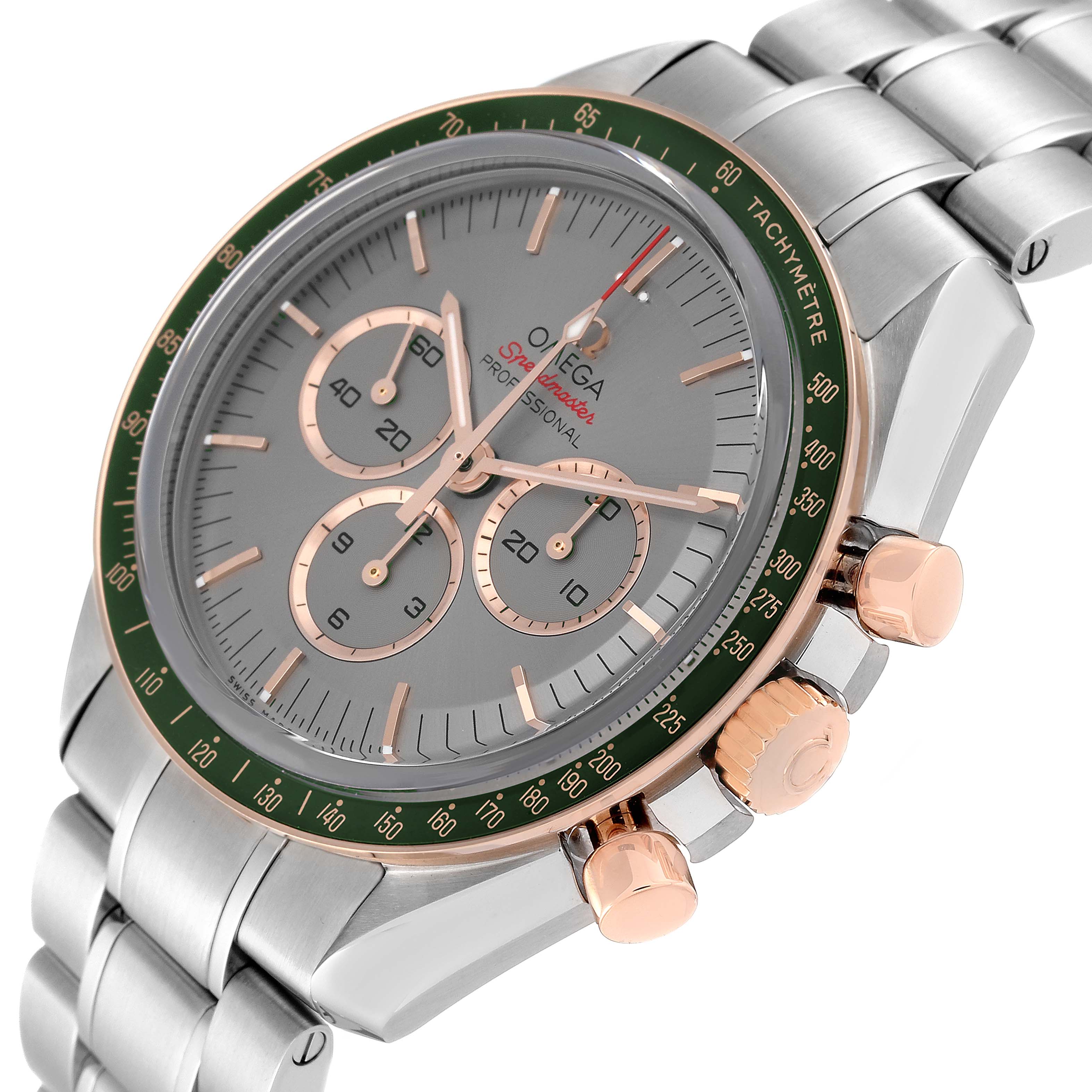The image shows an Omega Speedmaster 522.20.42.30.06.001 Men's Steel and Gold (two tone) Silver Dial 522.20.42.30.06.001 Men's Steel and Gold (two tone) Silver Dial watch at an angle highlighting the face, bezel, chronograph dials, and bracelet.