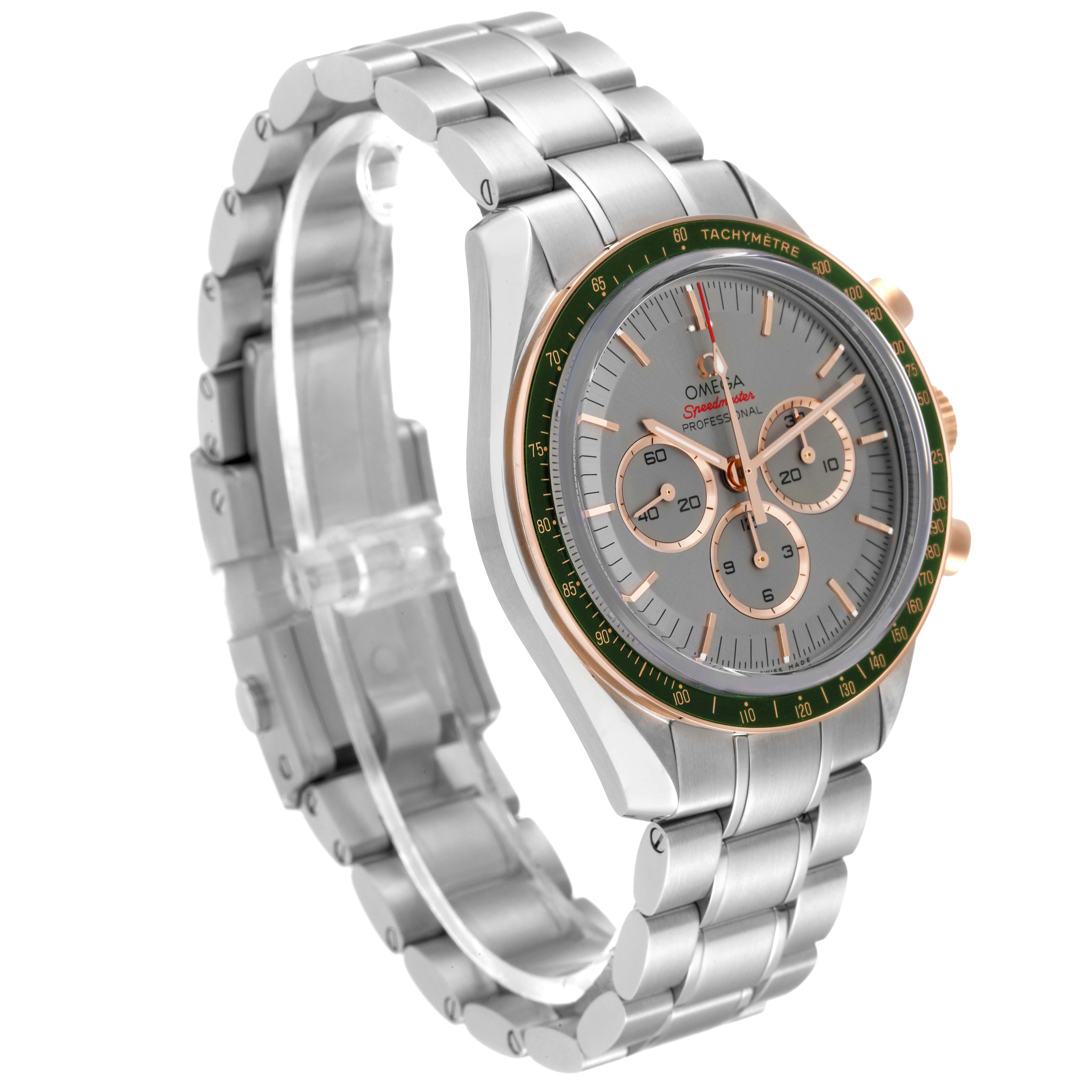 The Omega Speedmaster 522.20.42.30.06.001 Men's Steel and Gold (two tone) Silver Dial 522.20.42.30.06.001 Men's Steel and Gold (two tone) Silver Dial watch is shown from an angled view, highlighting its face, bezel, and metal bracelet.