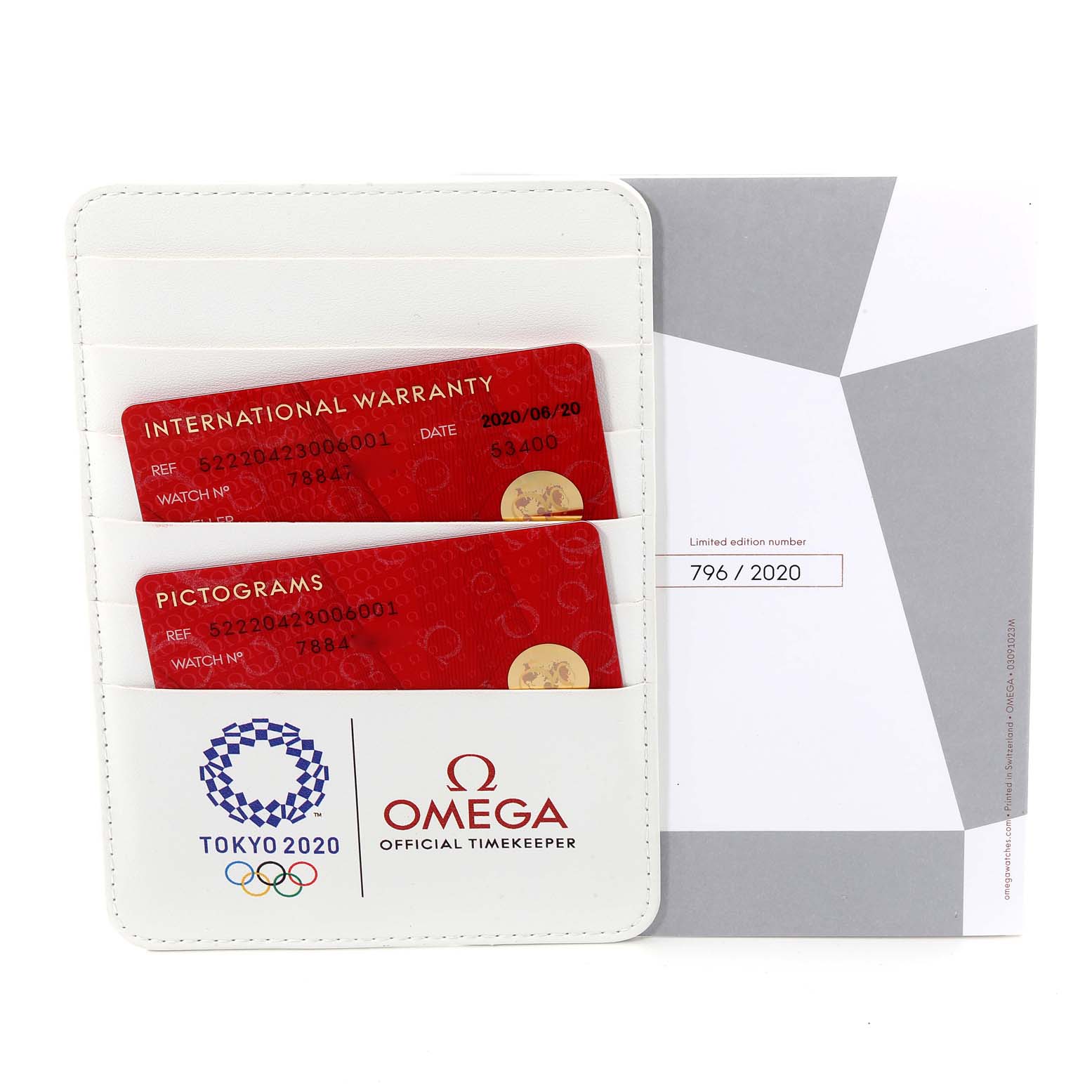The image shows the warranty and pictogram cards for an Omega Speedmaster 522.20.42.30.06.001 Men's Steel and Gold (two tone) Silver Dial 522.20.42.30.06.001 Men's Steel and Gold (two tone) Silver Dial, along with Tokyo 2020 branding in a cardholder.