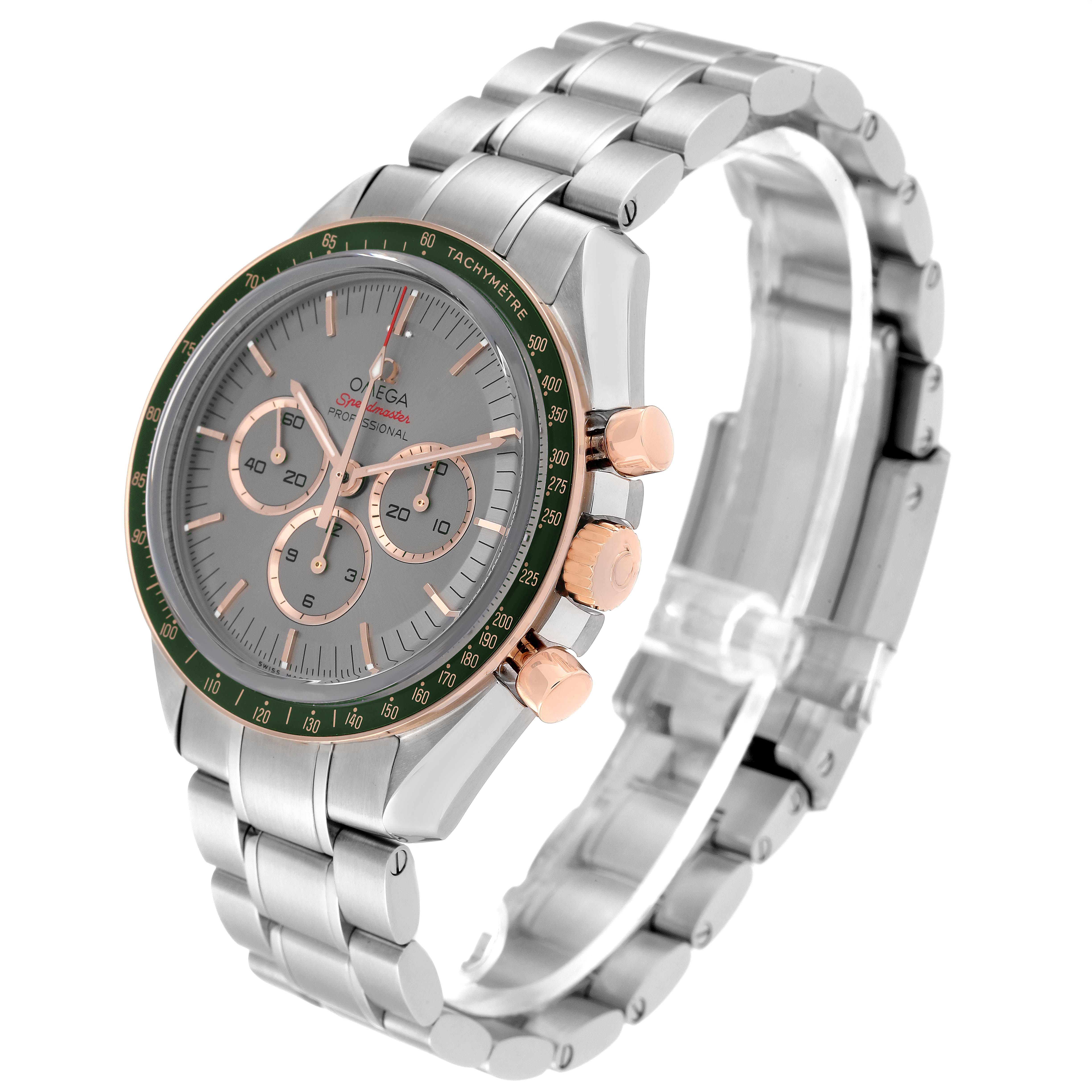 The Omega Speedmaster 522.20.42.30.06.001 Men's Steel and Gold (two tone) Silver Dial 522.20.42.30.06.001 Men's Steel and Gold (two tone) Silver Dial watch is shown at a 3/4 angle, highlighting its metal band and chronograph features.