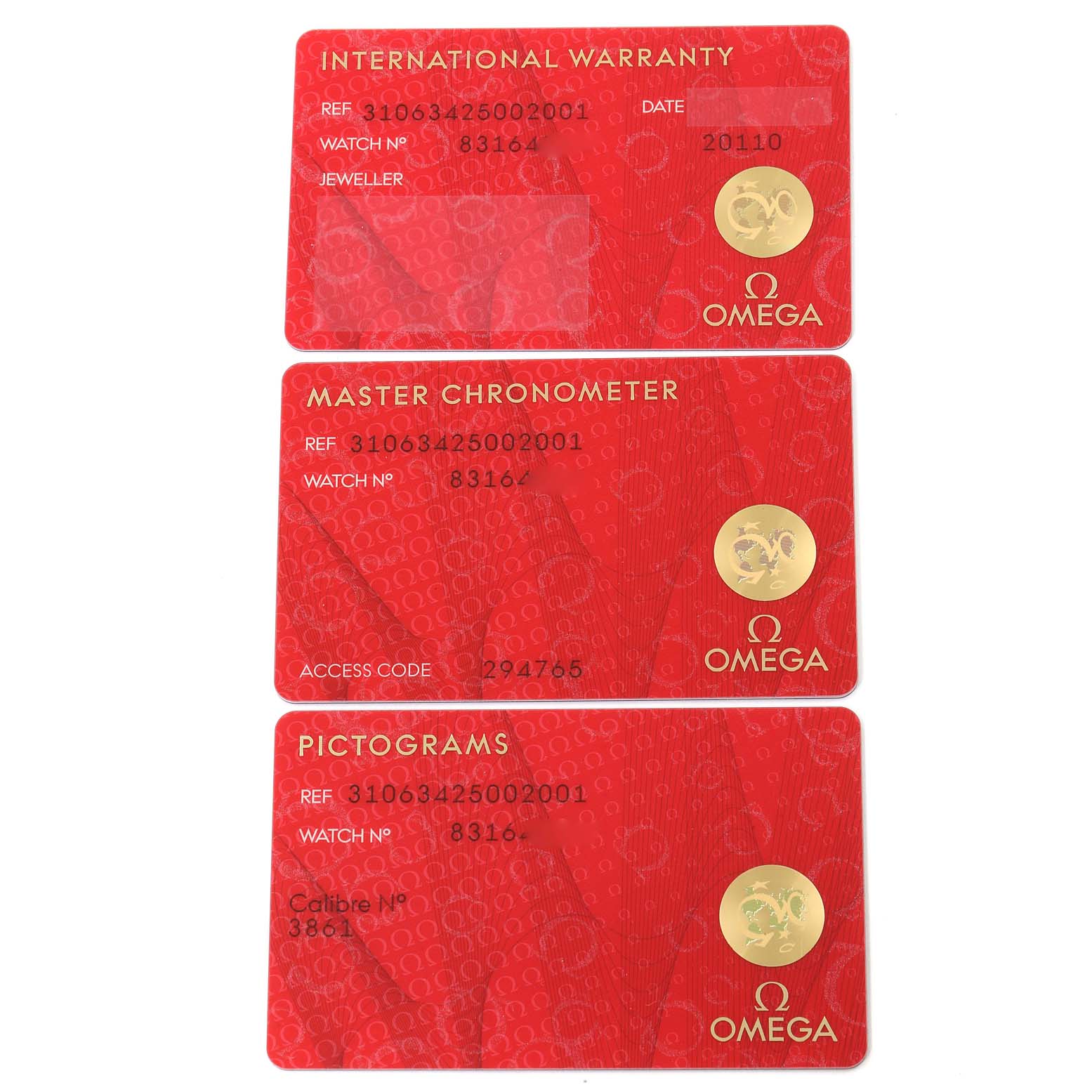 The image shows warranty and certification cards for the Omega Speedmaster 310.63.42.50.02.001 Men
s White Gold Silver Dial 310.63.42.50.02.001 Men
s White Gold Silver Dial watch model.