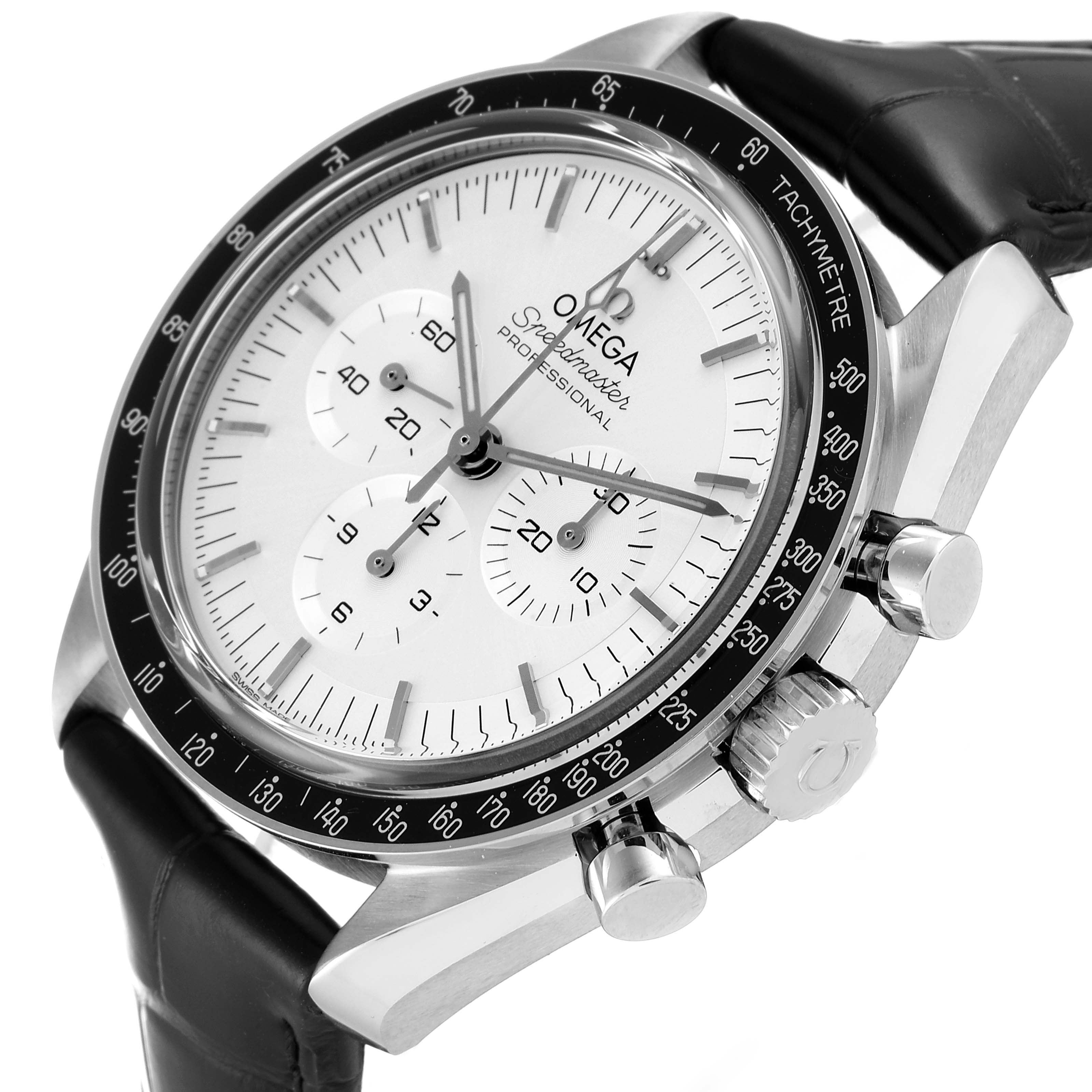 This image shows an Omega Speedmaster 310.63.42.50.02.001 Men
s White Gold Silver Dial 310.63.42.50.02.001 Men
s White Gold Silver Dial watch at a three-quarter angle, highlighting the face, tachymeter bezel, pushers, and part of the leather strap.