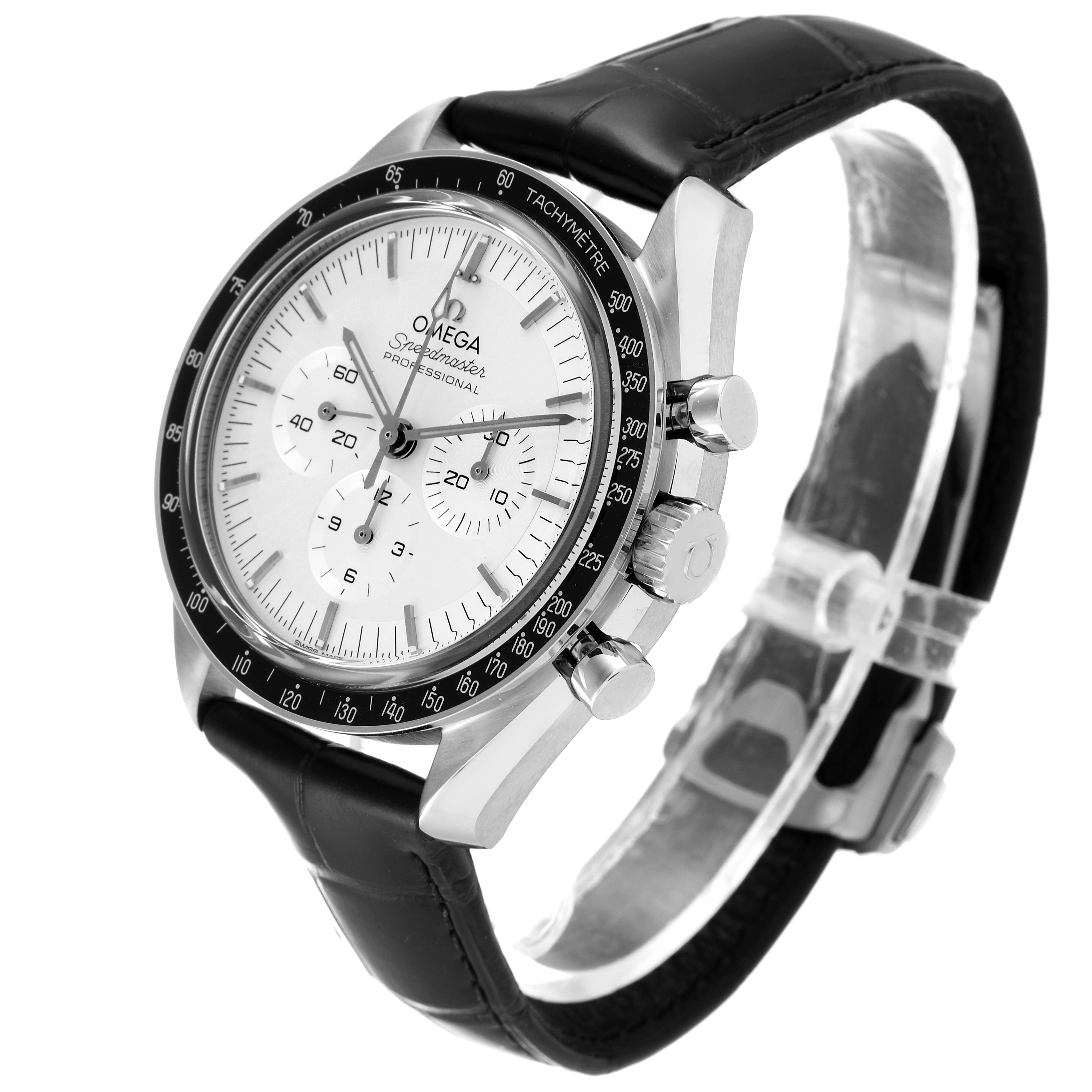 The image shows an Omega Speedmaster 310.63.42.50.02.001 Men
s White Gold Silver Dial 310.63.42.50.02.001 Men
s White Gold Silver Dial watch at a three-quarter angle, highlighting the face, bezel, and crown with black leather strap.