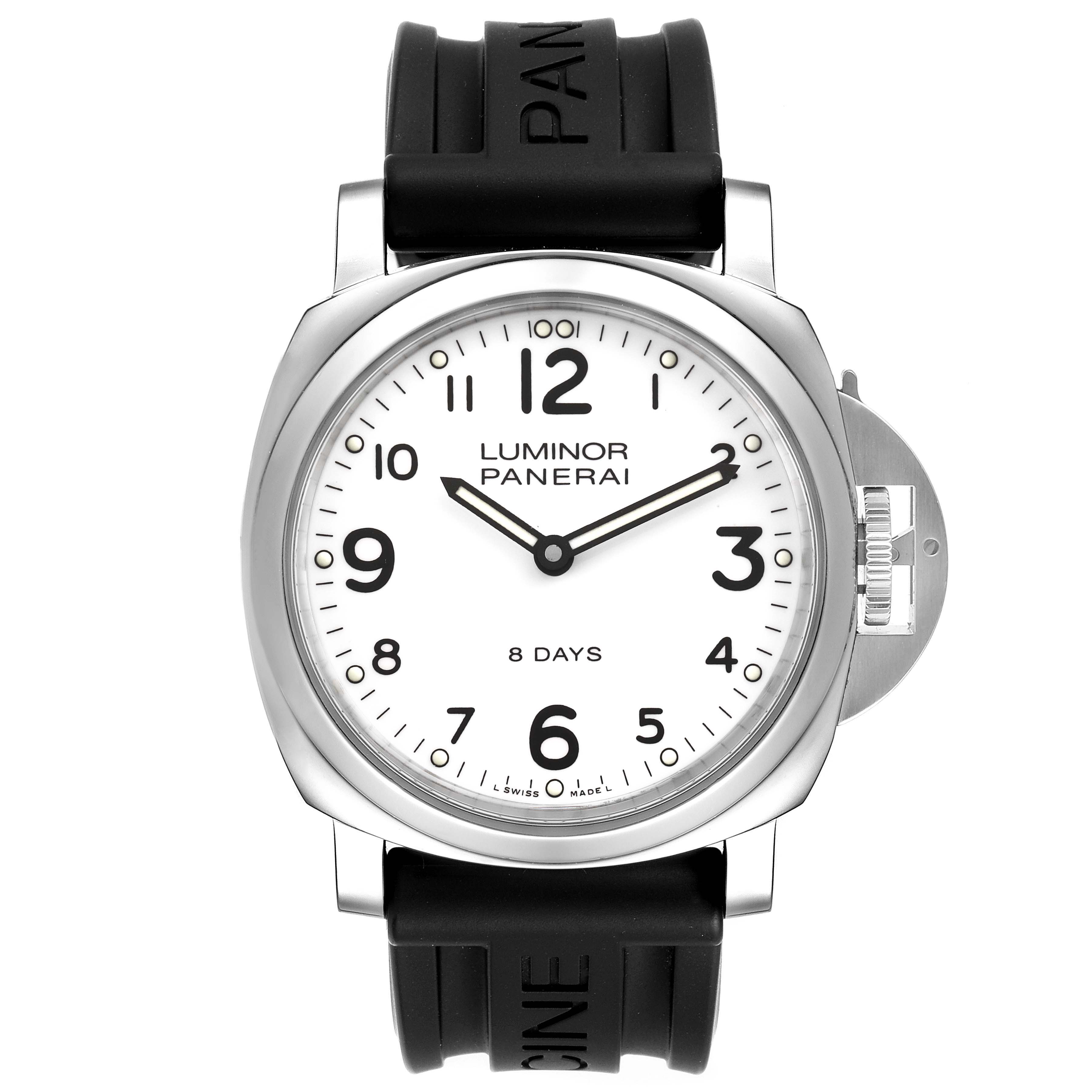 This image shows a front view of a Panerai Luminor PAM00561 Men
s Stainless Steel White Dial PAM00561 Men
s Stainless Steel White Dial watch, featuring a white dial and black rubber strap.