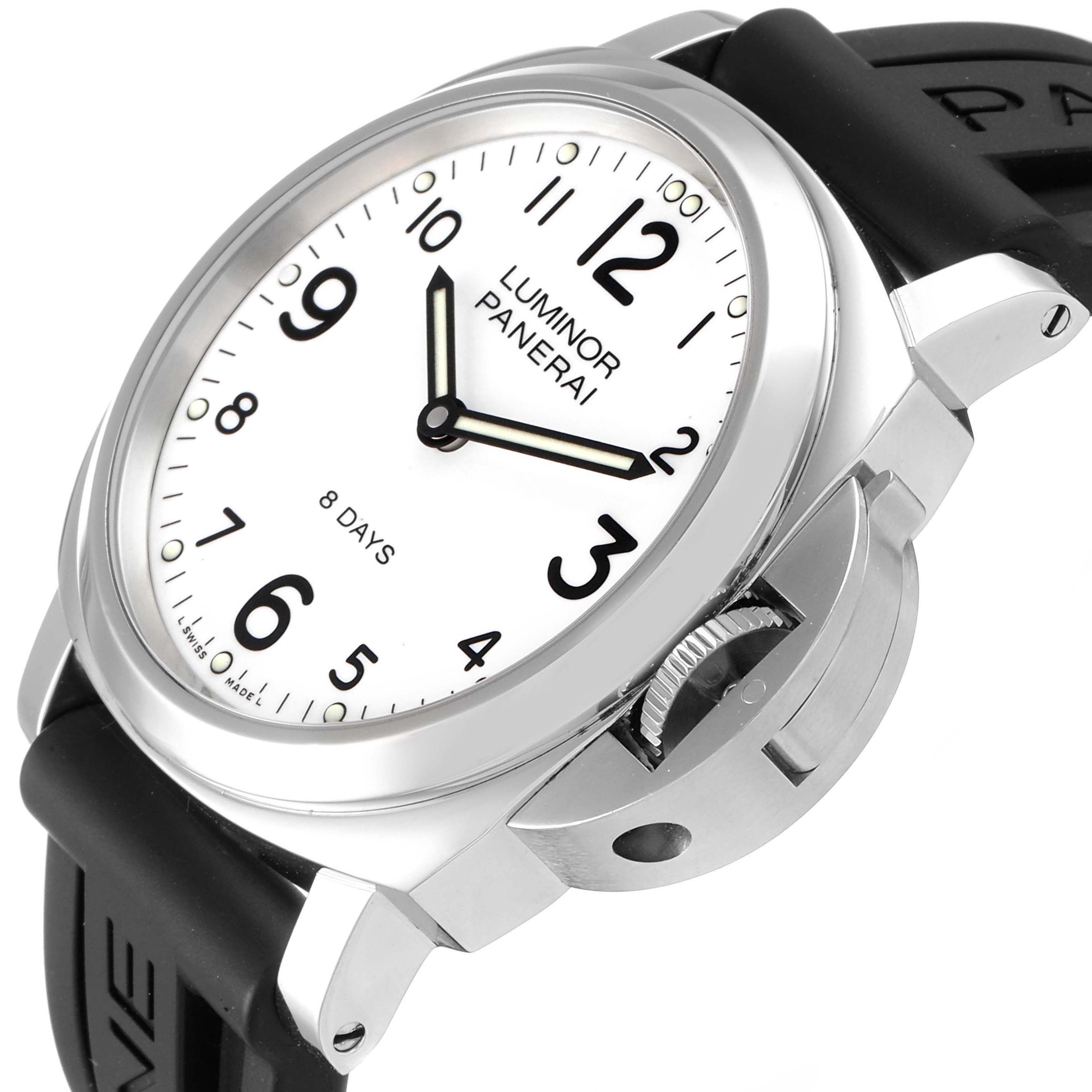 The image shows a Panerai Luminor PAM00561 Men
s Stainless Steel White Dial PAM00561 Men
s Stainless Steel White Dial watch at a slight angle, highlighting the face, bezel, crown guard, and strap.