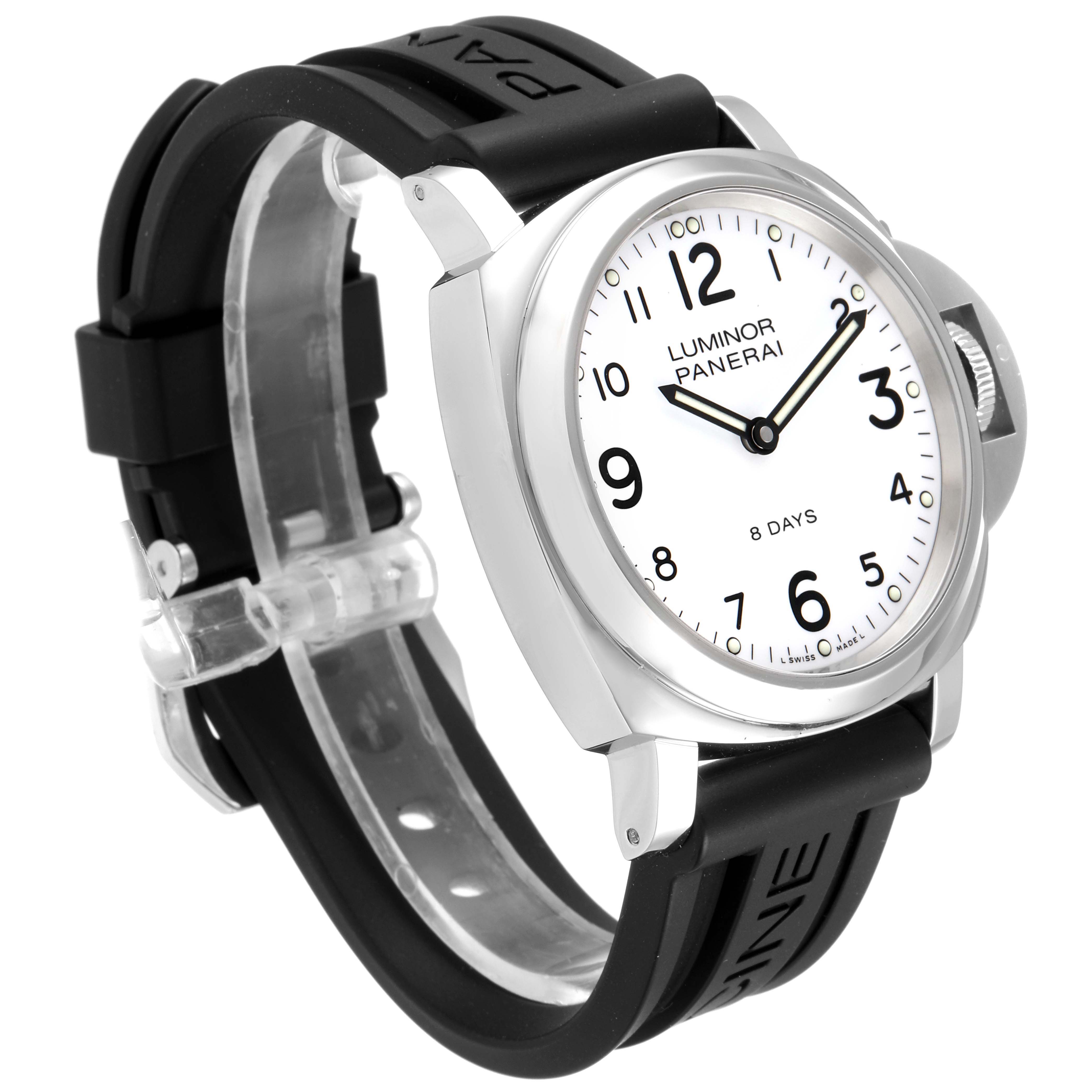 The image shows a side-angle view of the Panerai Luminor PAM00561 Men
s Stainless Steel White Dial PAM00561 Men
s Stainless Steel White Dial watch, highlighting its dial, case, and rubber strap.