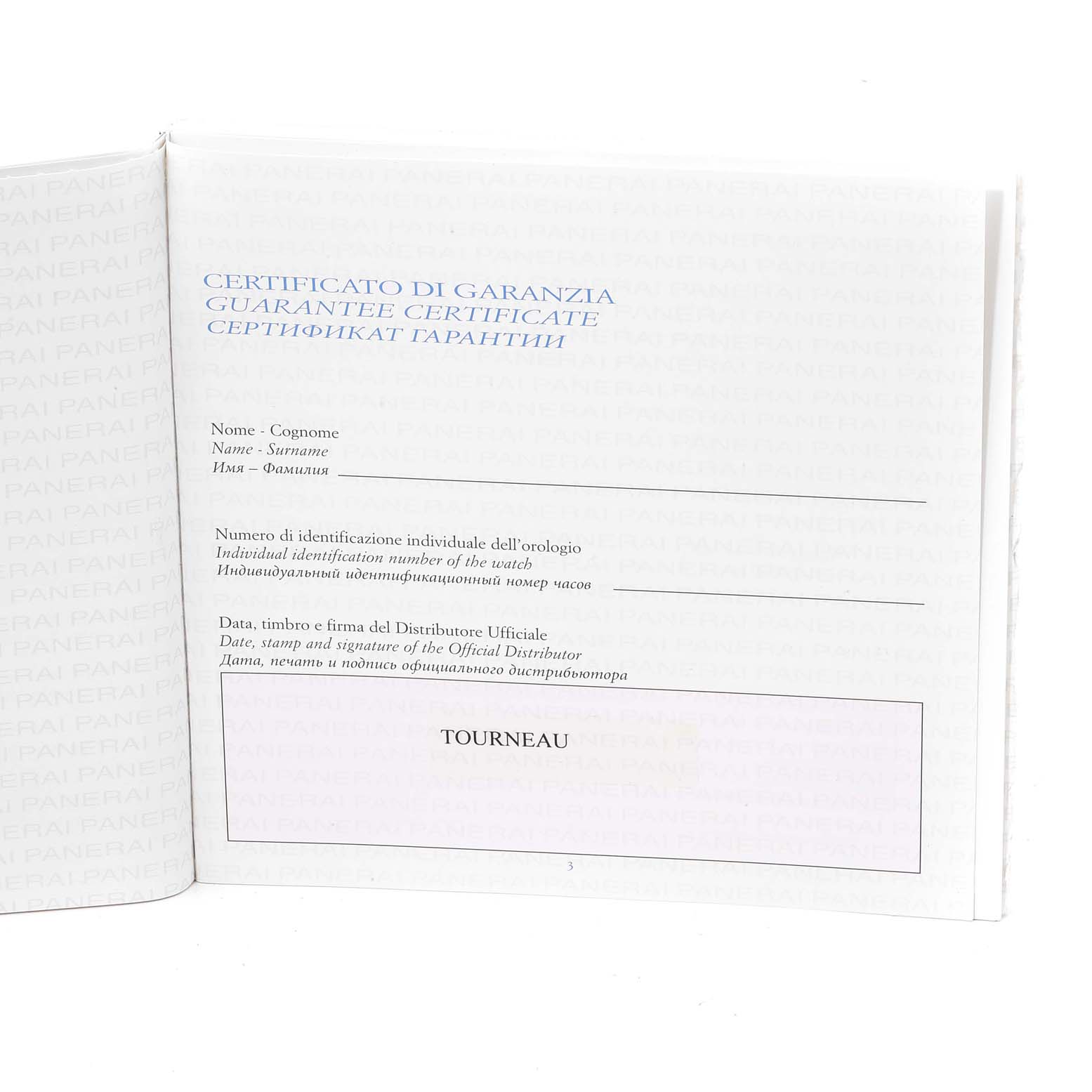 The image shows the guarantee certificate for a Luminor model watch by Panerai, displayed at an open angle.