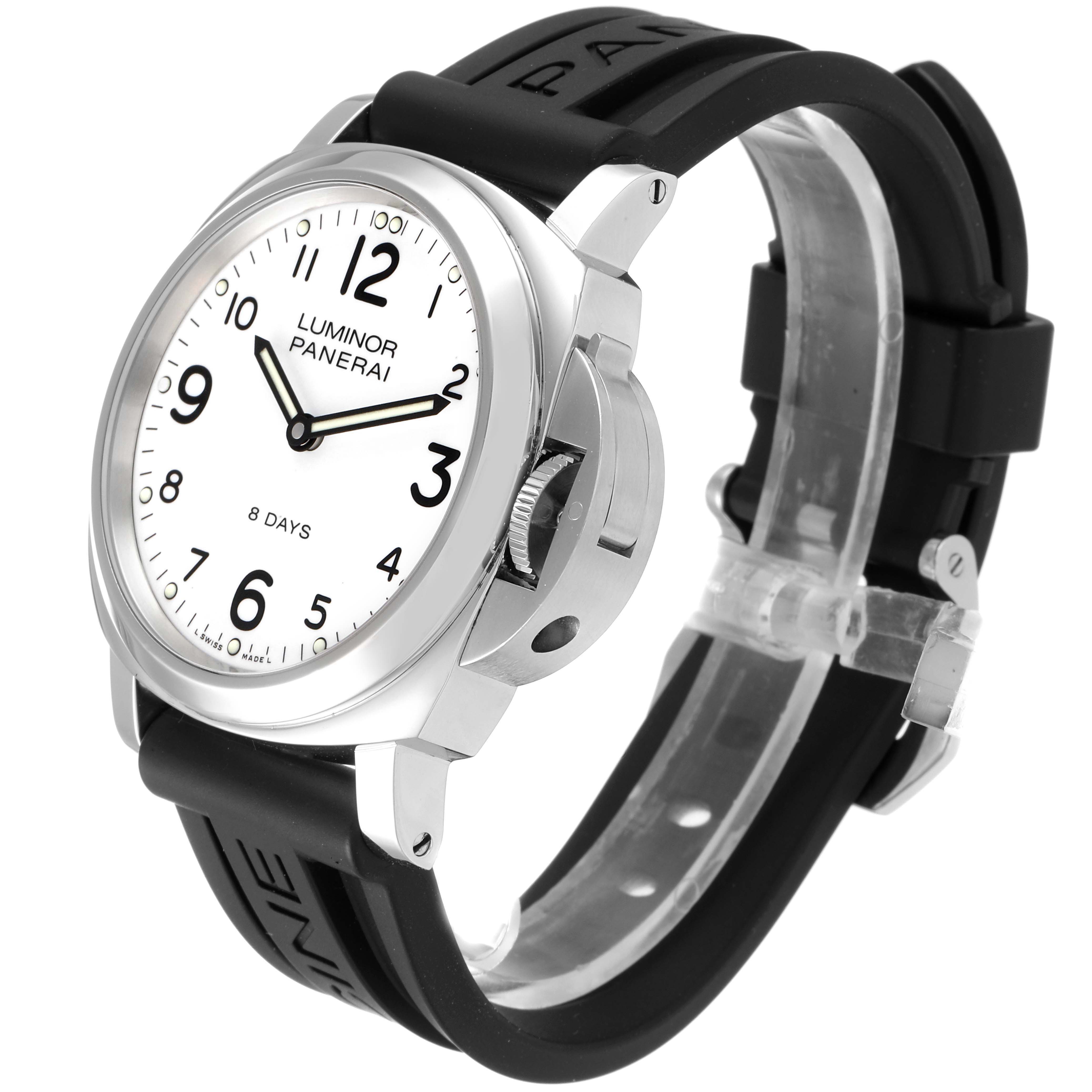 The image shows a Panerai Luminor PAM00561 Men
s Stainless Steel White Dial PAM00561 Men
s Stainless Steel White Dial watch at a three-quarter angle, displaying the face, bezel, crown guard, and strap.