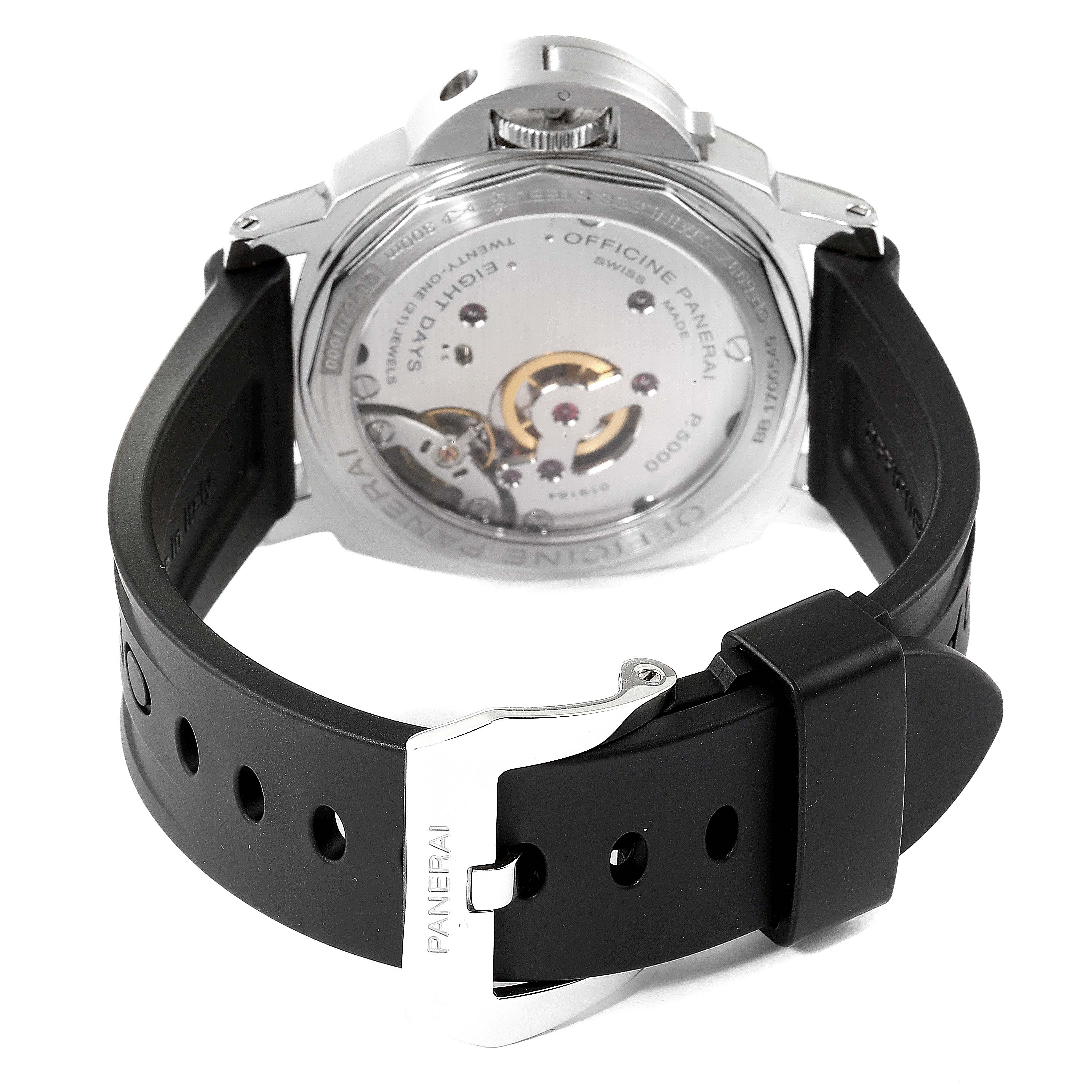 The image shows the back view of a Panerai Luminor PAM00561 Men
s Stainless Steel White Dial PAM00561 Men
s Stainless Steel White Dial watch, highlighting the transparent case back and black strap.