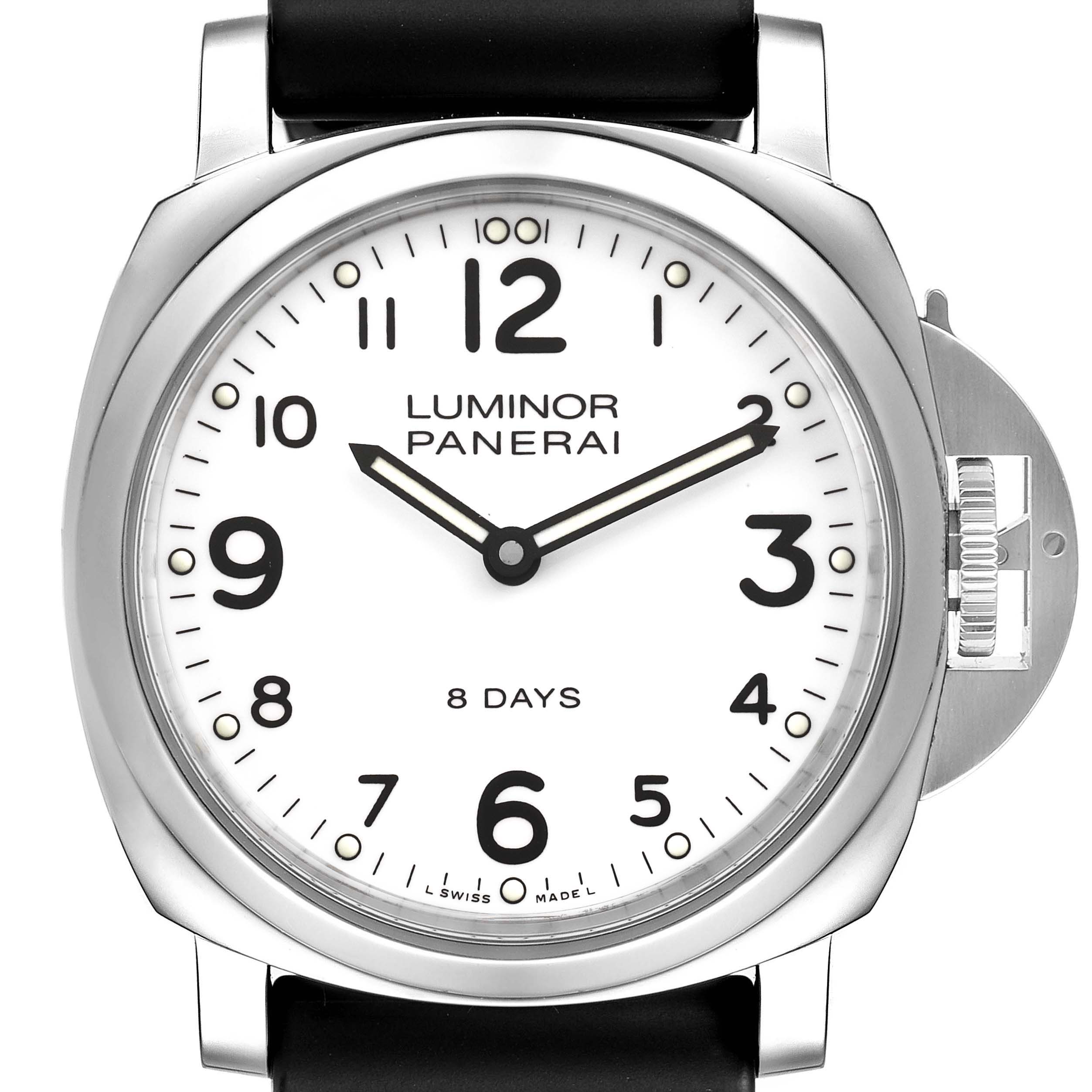 This photo shows a front view of the Panerai Luminor PAM00561 Men
s Stainless Steel White Dial PAM00561 Men
s Stainless Steel White Dial watch, displaying its face, bezel, and crown guard.