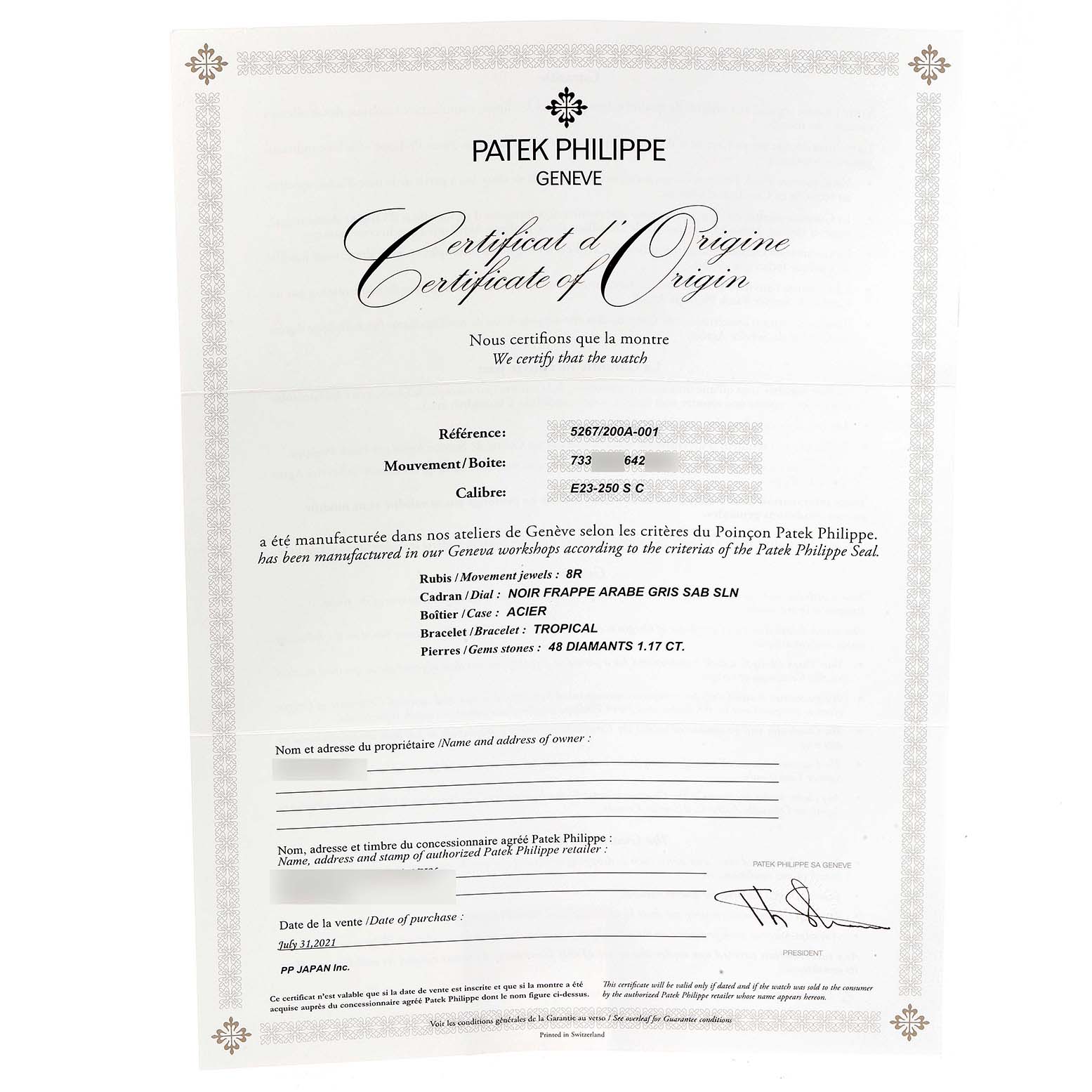 This image shows the Certificate of Origin for the Patek Philippe Aquanaut 5267/200A - 01 Men's Stainless Steel Black Dial 5267/200A - 01 Men's Stainless Steel Black Dial watch.
