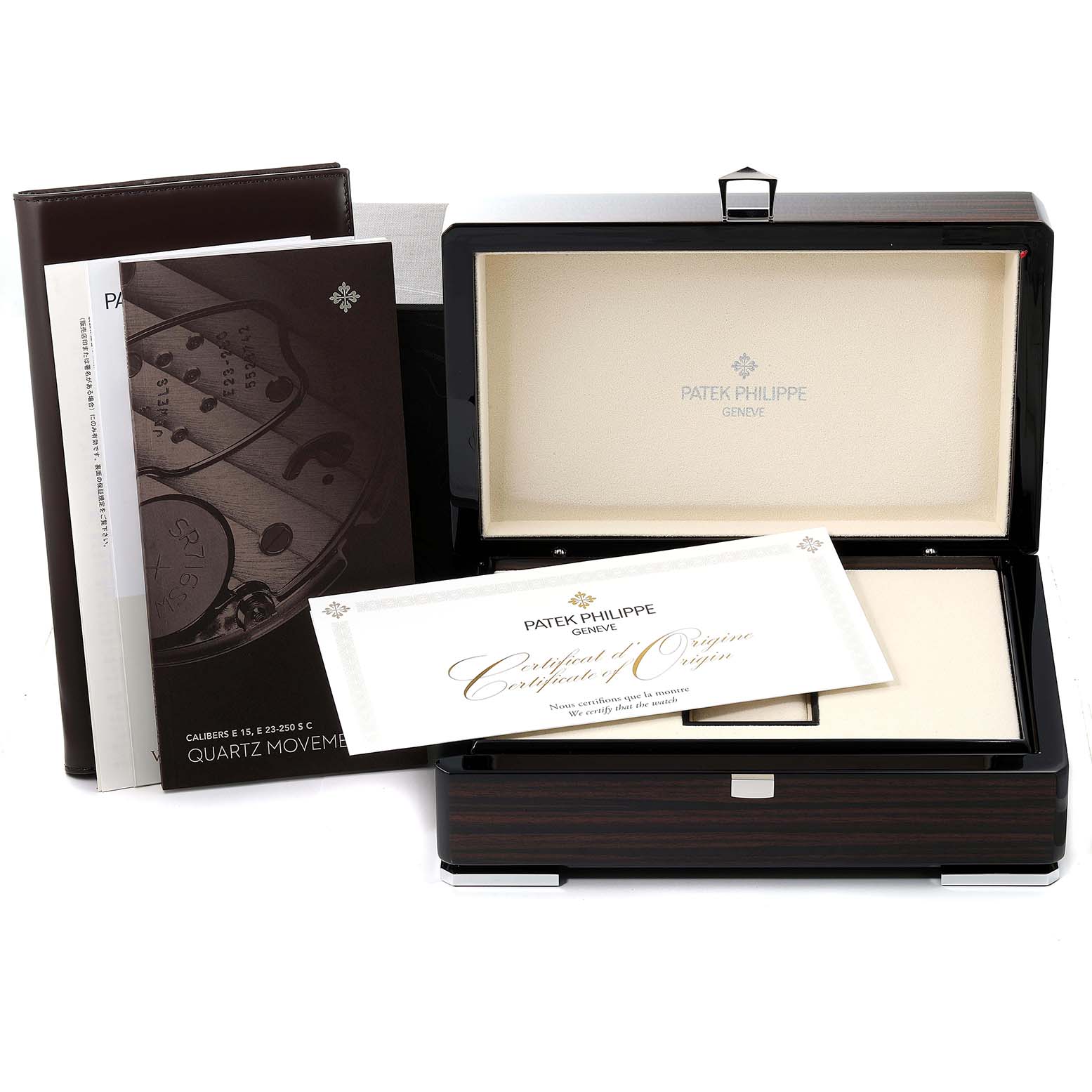 The image shows Patek Philippe Aquanaut 5267/200A - 01 Men's Stainless Steel Black Dial 5267/200A - 01 Men's Stainless Steel Black Dial packaging, warranty cards, and manuals from a frontal angle.