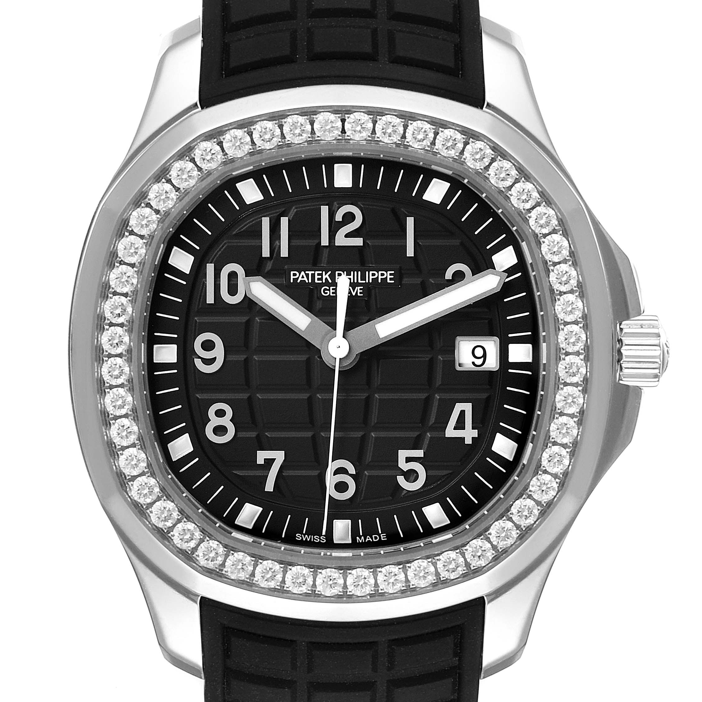 This image shows a front view of the Patek Philippe Aquanaut 5267/200A - 01 Men's Stainless Steel Black Dial 5267/200A - 01 Men's Stainless Steel Black Dial watch, highlighting its diamond bezel, dial, and rubber strap.