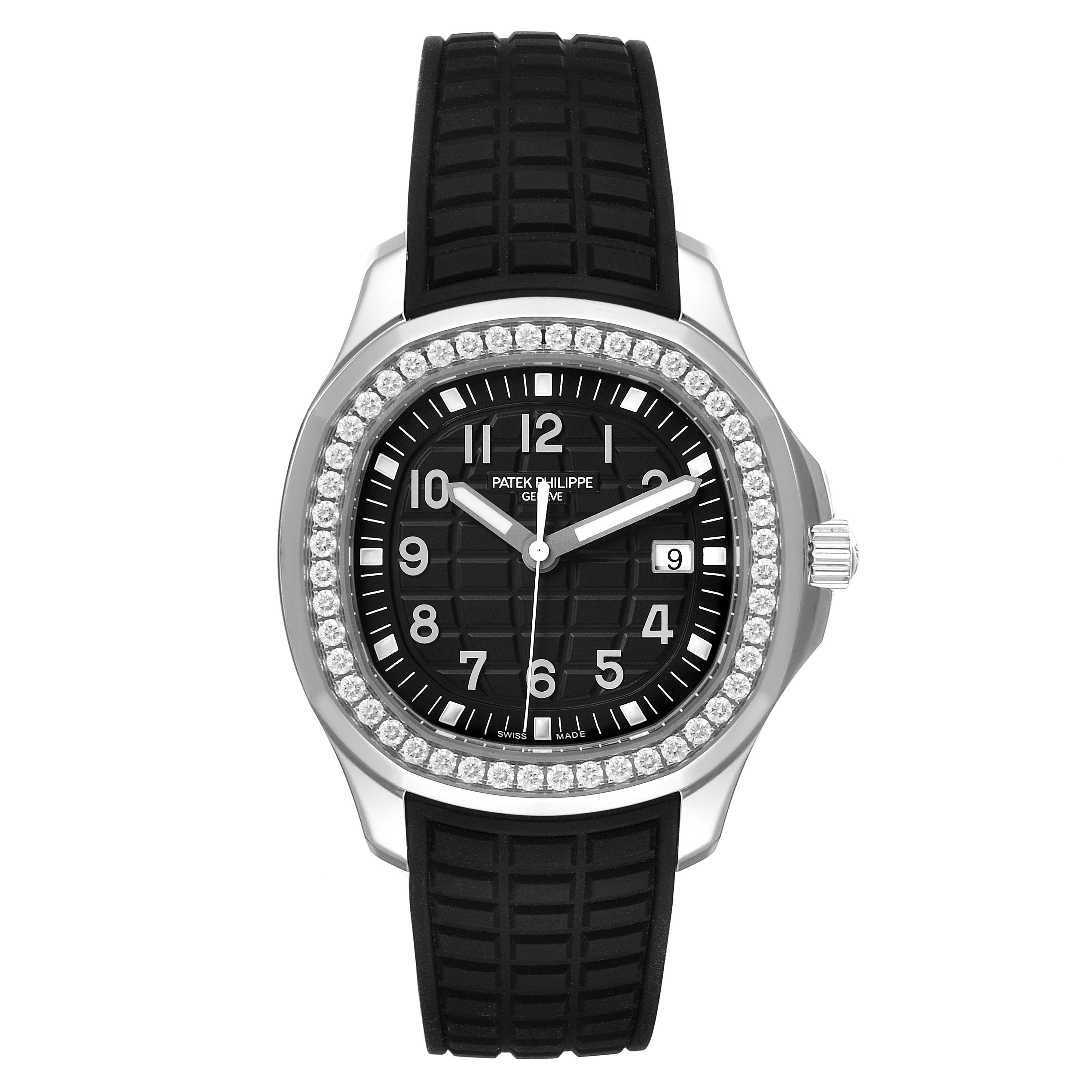 The image shows a front view of the Patek Philippe Aquanaut 5267/200A - 01 Men's Stainless Steel Black Dial 5267/200A - 01 Men's Stainless Steel Black Dial watch with a black strap, black dial, and diamond bezel.