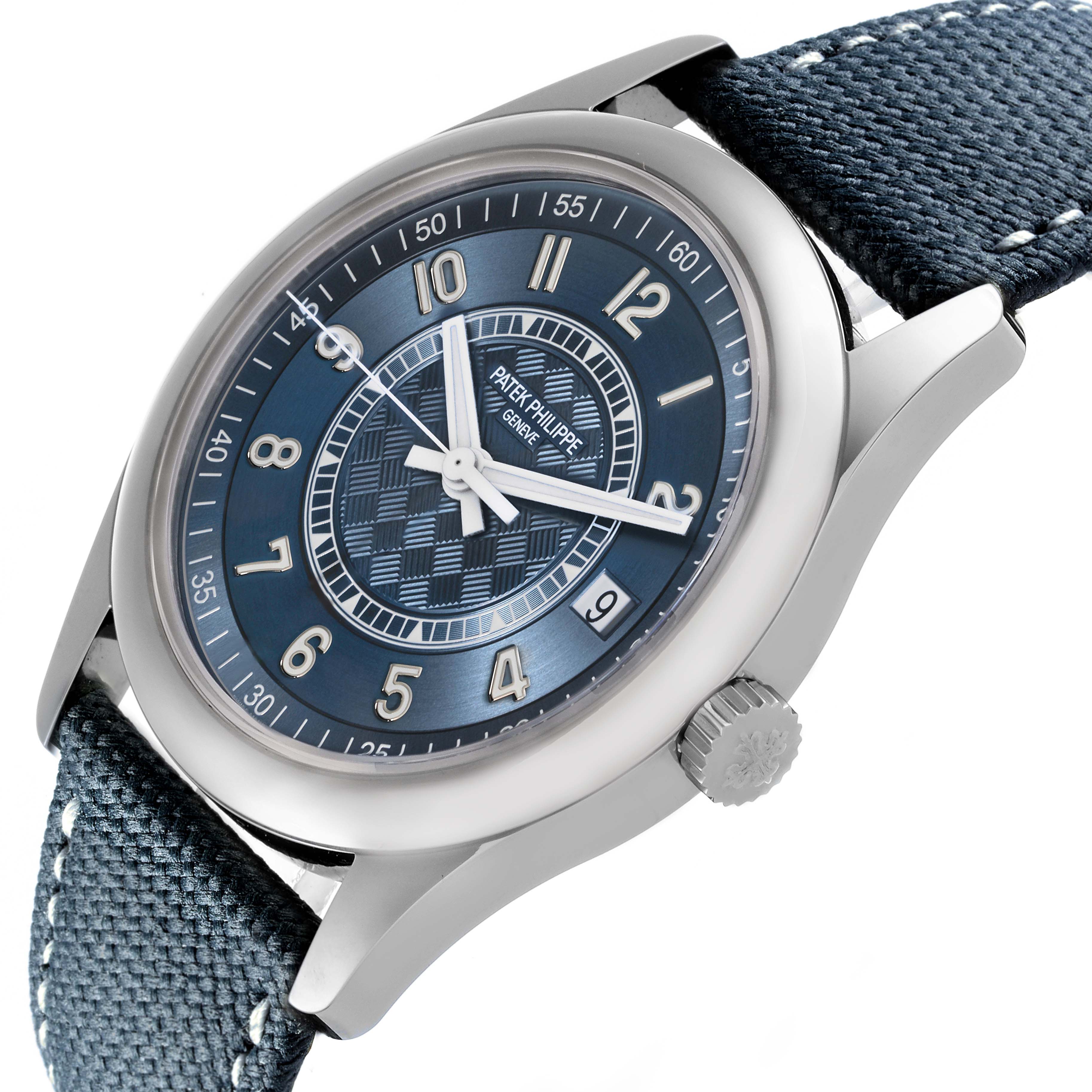 The Patek Philippe Calatrava 6007A-001 Men's Stainless Steel Blue Dial 6007A-001 Men's Stainless Steel Blue Dial watch is shown at an angled view, highlighting the face, dial, case, and part of the strap.