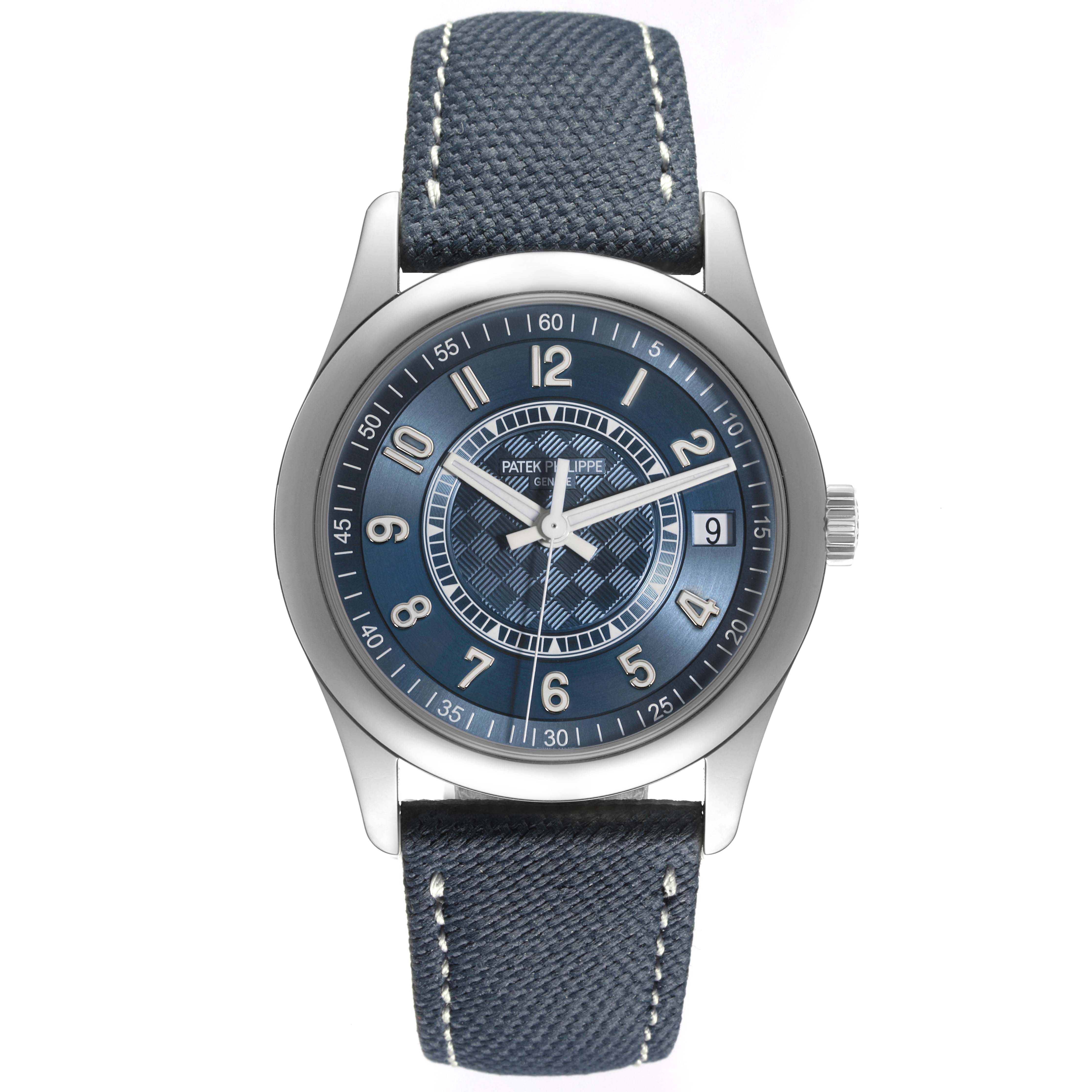 This image shows a frontal view of the Patek Philippe Calatrava 6007A-001 Men's Stainless Steel Blue Dial 6007A-001 Men's Stainless Steel Blue Dial watch, highlighting the dial, bezel, and strap.