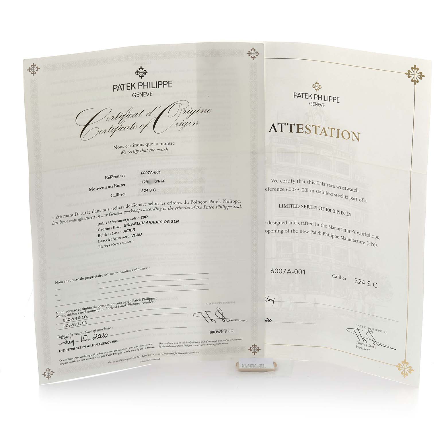 The image shows documentation for the Patek Philippe Calatrava 6007A-001 Men's Stainless Steel Blue Dial 6007A-001 Men's Stainless Steel Blue Dial, featuring certificates and attestations.