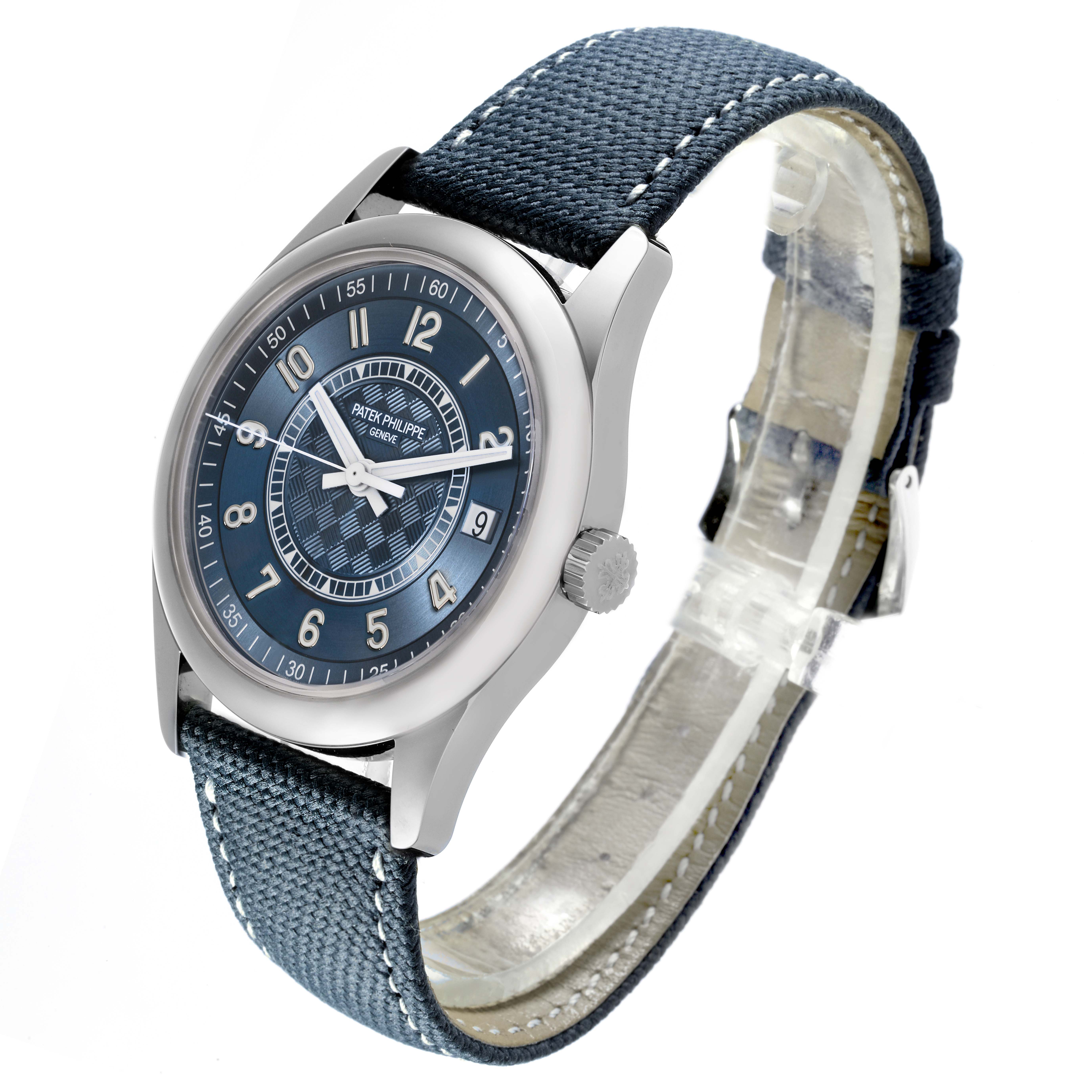 The Patek Philippe Calatrava 6007A-001 Men's Stainless Steel Blue Dial 6007A-001 Men's Stainless Steel Blue Dial watch is shown at a three-quarter angle, displaying the dial, crown, and strap.