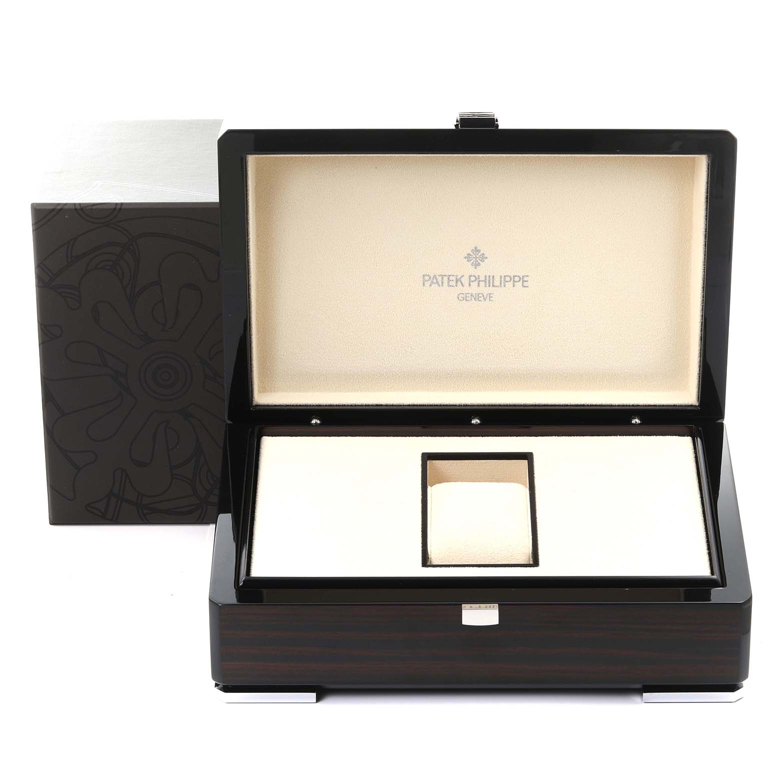The image shows an open display box for a Patek Philippe Calatrava 5224R-001 Men's Rose Gold Blue Dial 5224R-001 Men's Rose Gold Blue Dial, highlighting its logo and interior compartment.