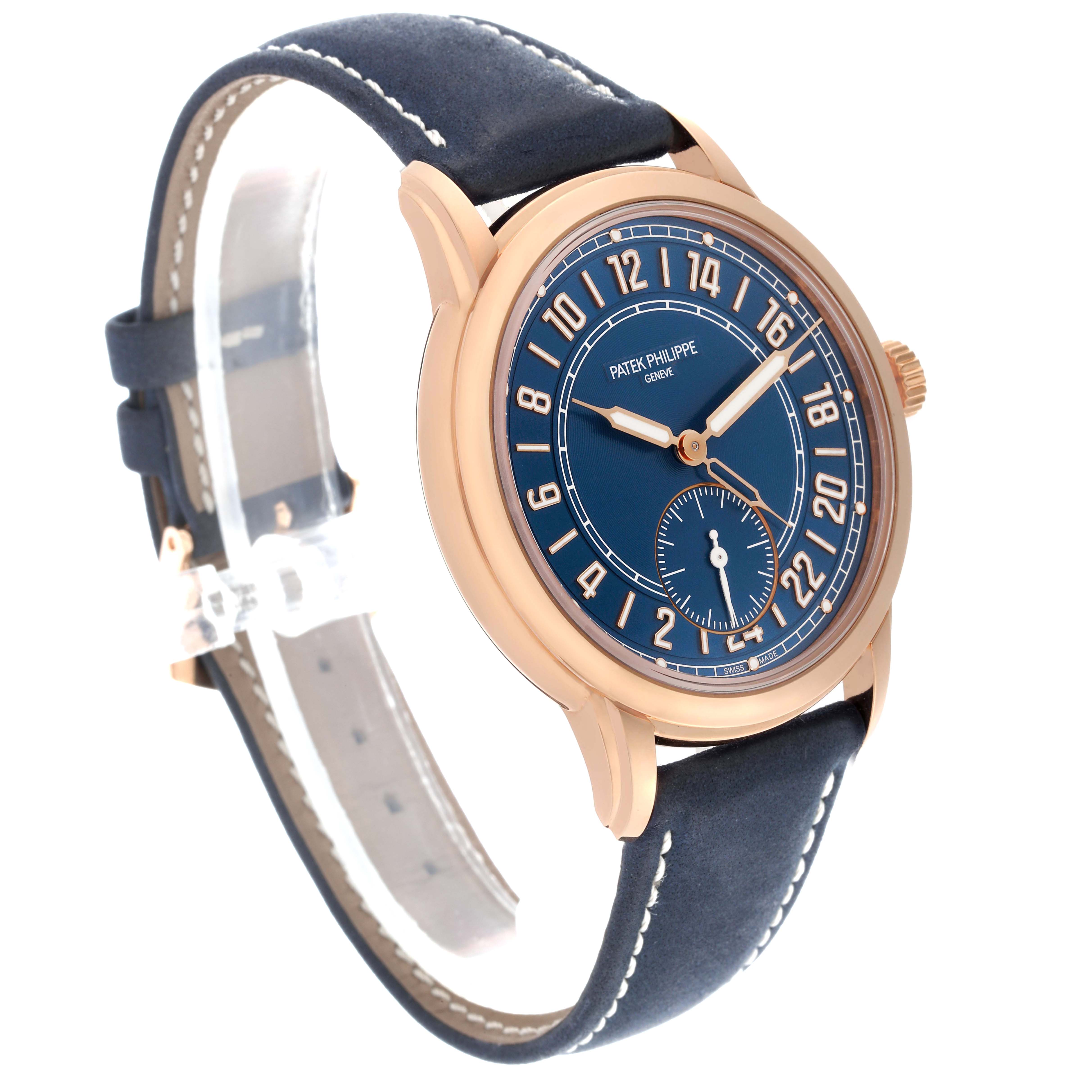 The Patek Philippe Calatrava 5224R-001 Men's Rose Gold Blue Dial 5224R-001 Men's Rose Gold Blue Dial watch is shown from a front angled view, highlighting the blue dial and rose gold case.