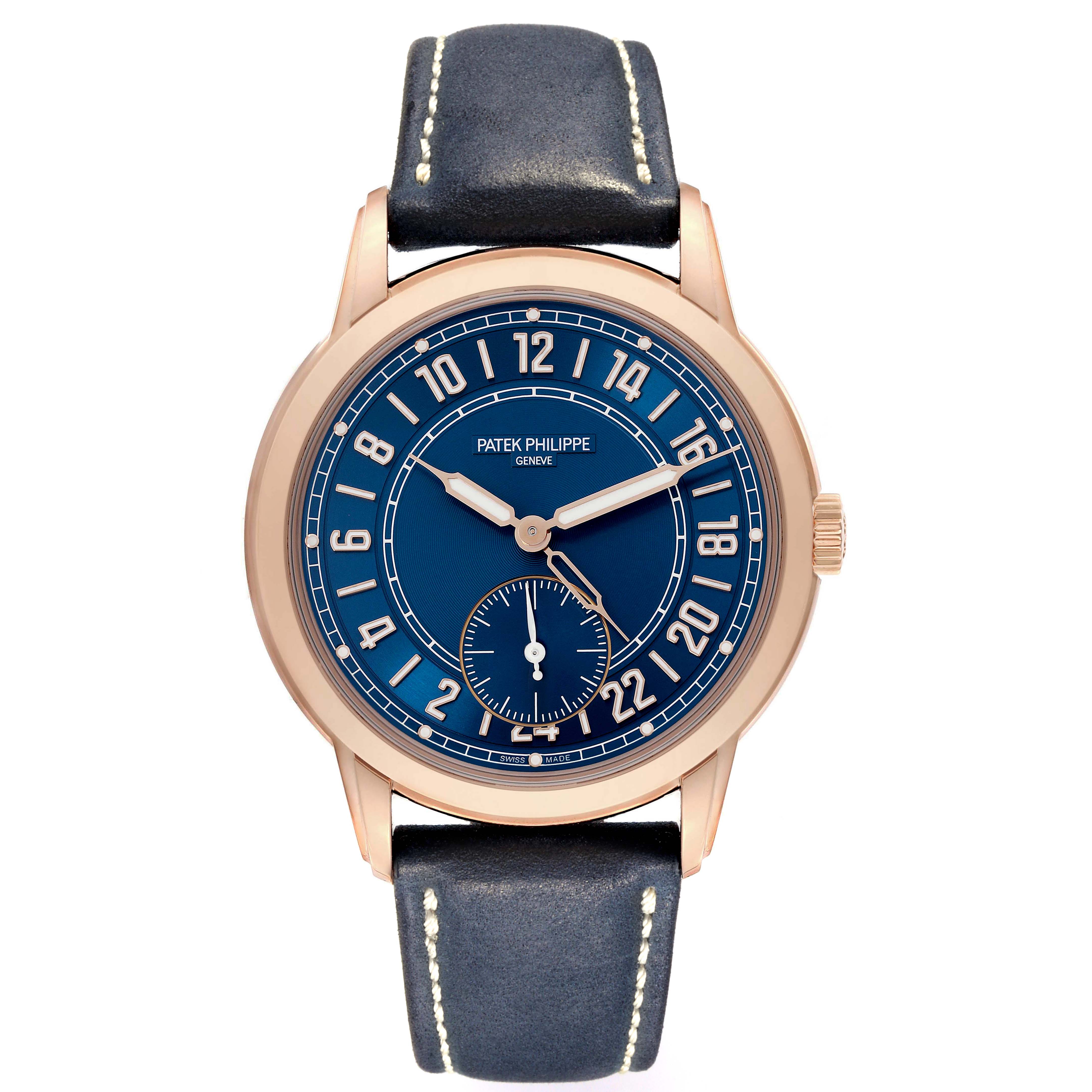 The Patek Philippe Calatrava 5224R-001 Men's Rose Gold Blue Dial 5224R-001 Men's Rose Gold Blue Dial watch is shown from a front angle, displaying its blue dial, gold case, and black leather strap.