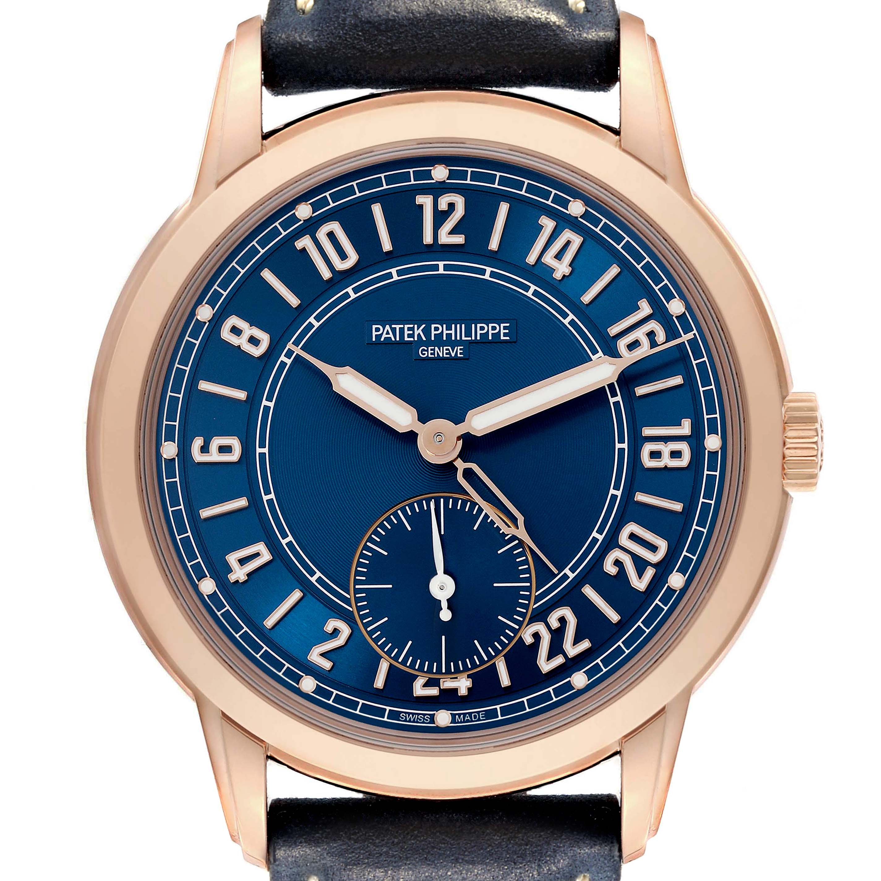 The image shows a front view of a Patek Philippe Calatrava 5224R-001 Men's Rose Gold Blue Dial 5224R-001 Men's Rose Gold Blue Dial watch, highlighting its blue dial and gold casing.