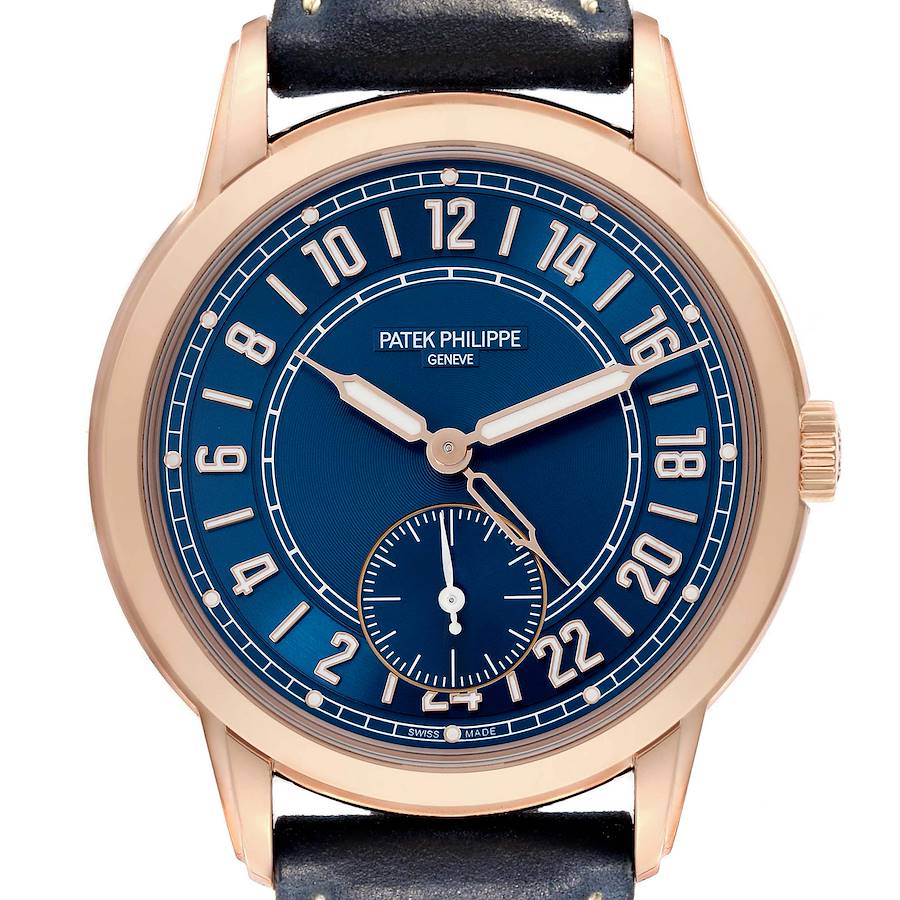 The image shows a front view of a Patek Philippe Calatrava watch, highlighting its blue dial and gold casing.