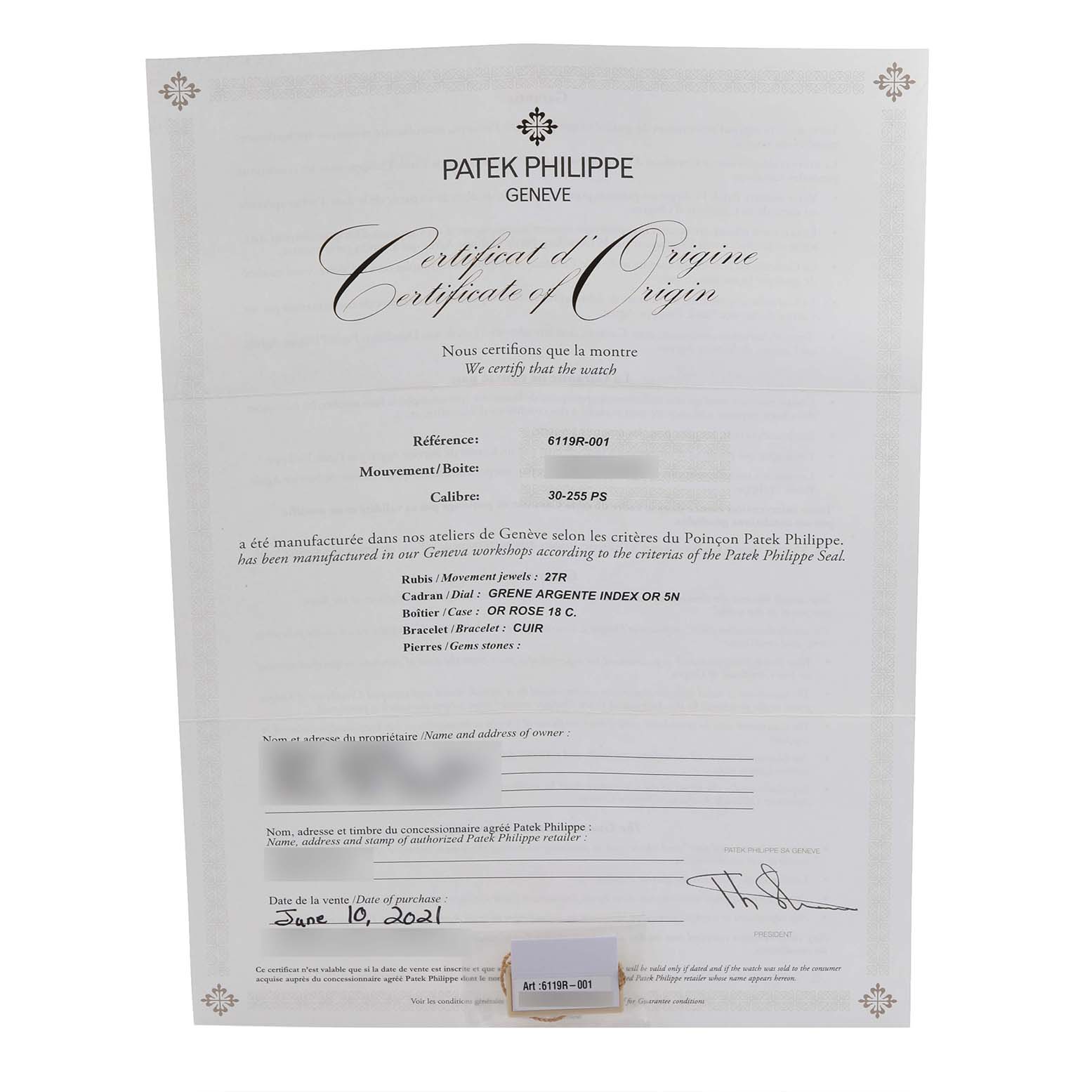 The image shows a Certificate of Origin for a Patek Philippe Calatrava 6119R-001 Men's Rose Gold Silver Dial 6119R-001 Men's Rose Gold Silver Dial watch, model 6119R-001.