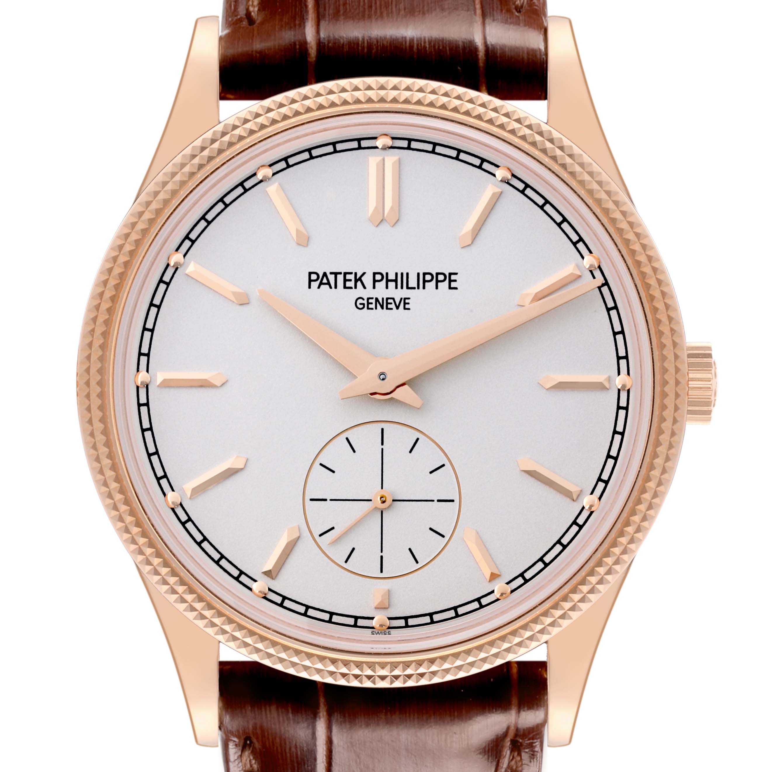 The Patek Philippe Calatrava 6119R-001 Men's Rose Gold Silver Dial 6119R-001 Men's Rose Gold Silver Dial watch is shown from the front, featuring the dial, hands, markers, bezel, crown, and strap.