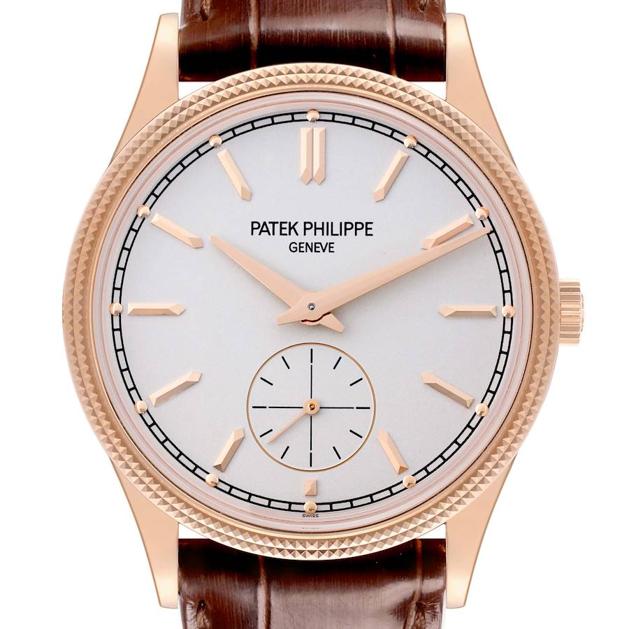 The Patek Philippe Calatrava watch is shown from the front, featuring the dial, hands, markers, bezel, crown, and strap.