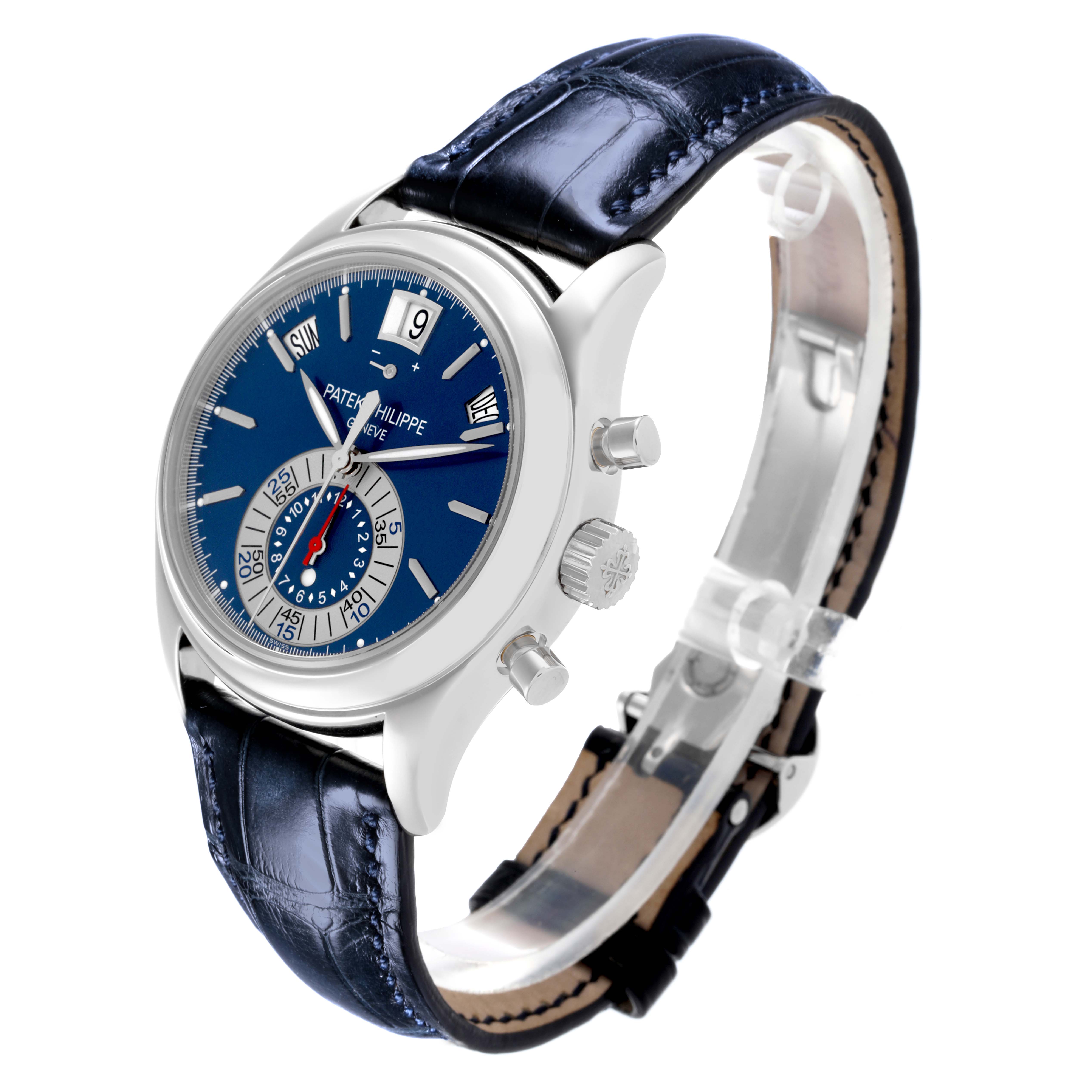 The Patek Philippe Complications 5960P-015 Men's Platinum Blue Dial 5960P-015 Men's Platinum Blue Dial watch is shown at a side angle, highlighting the dial, crown, and blue leather strap.
