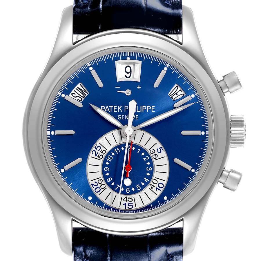 The Patek Philippe Complications watch is shown from a front angle, displaying the dial, crown, and pushers.