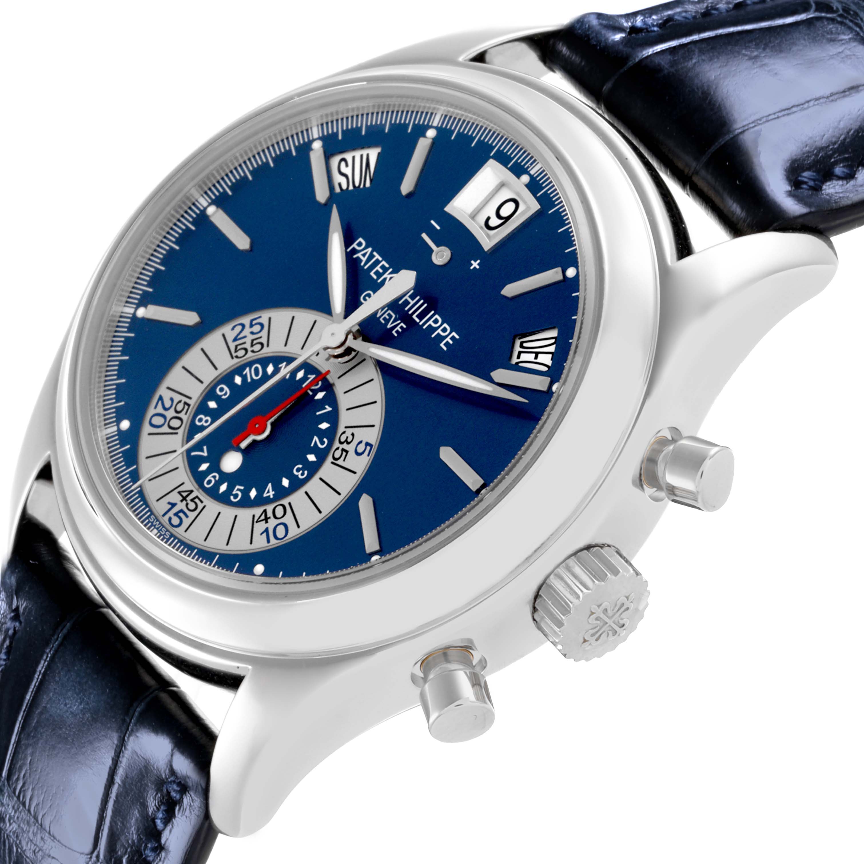 The Patek Philippe Complications 5960P-015 Men's Platinum Blue Dial 5960P-015 Men's Platinum Blue Dial watch is shown at a three-quarter angle, displaying the face, crown, and pushers.