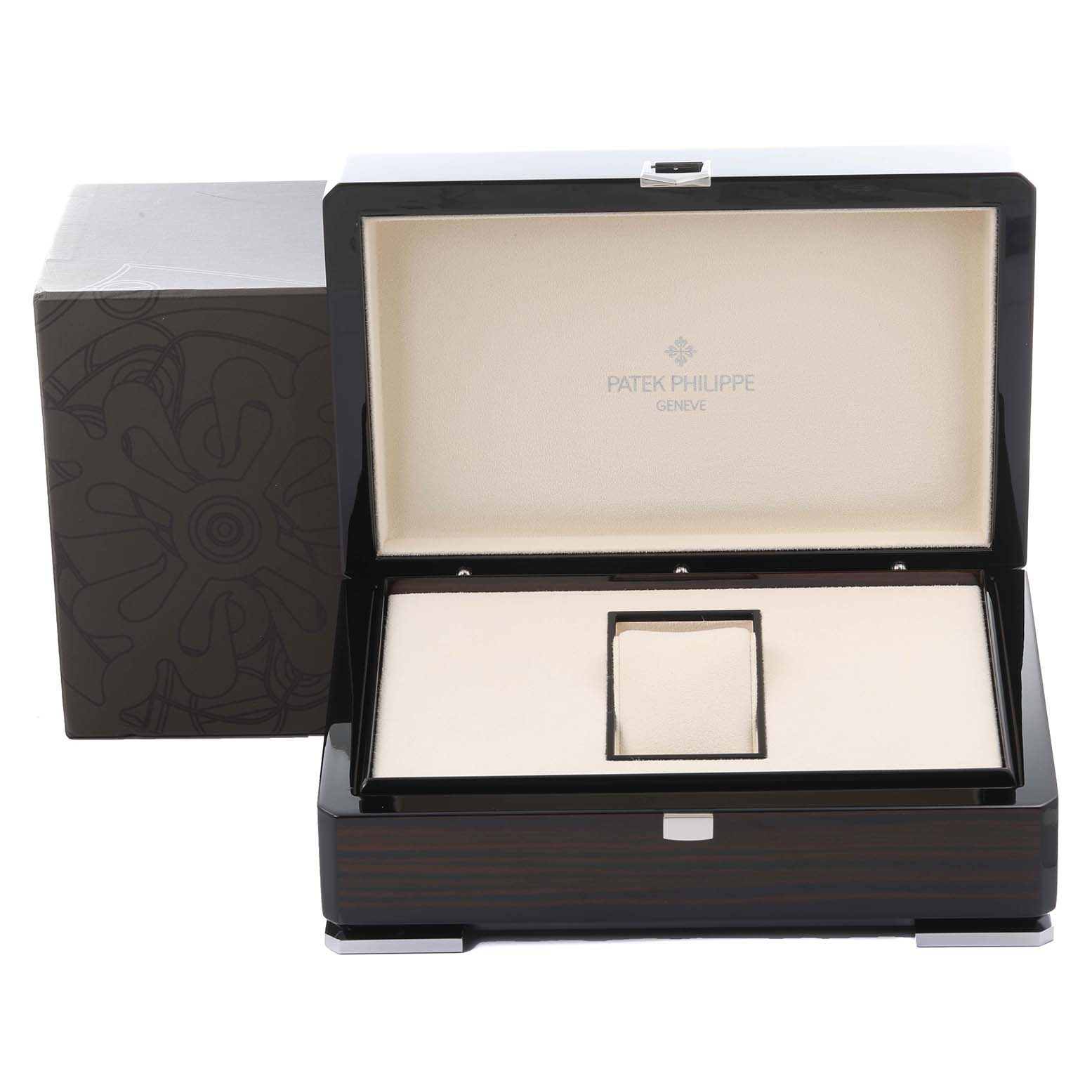 The image shows an open Patek Philippe Complications 5960P-015 Men's Platinum Blue Dial 5960P-015 Men's Platinum Blue Dial watch box from a front angle, showcasing its interior and brand logo.