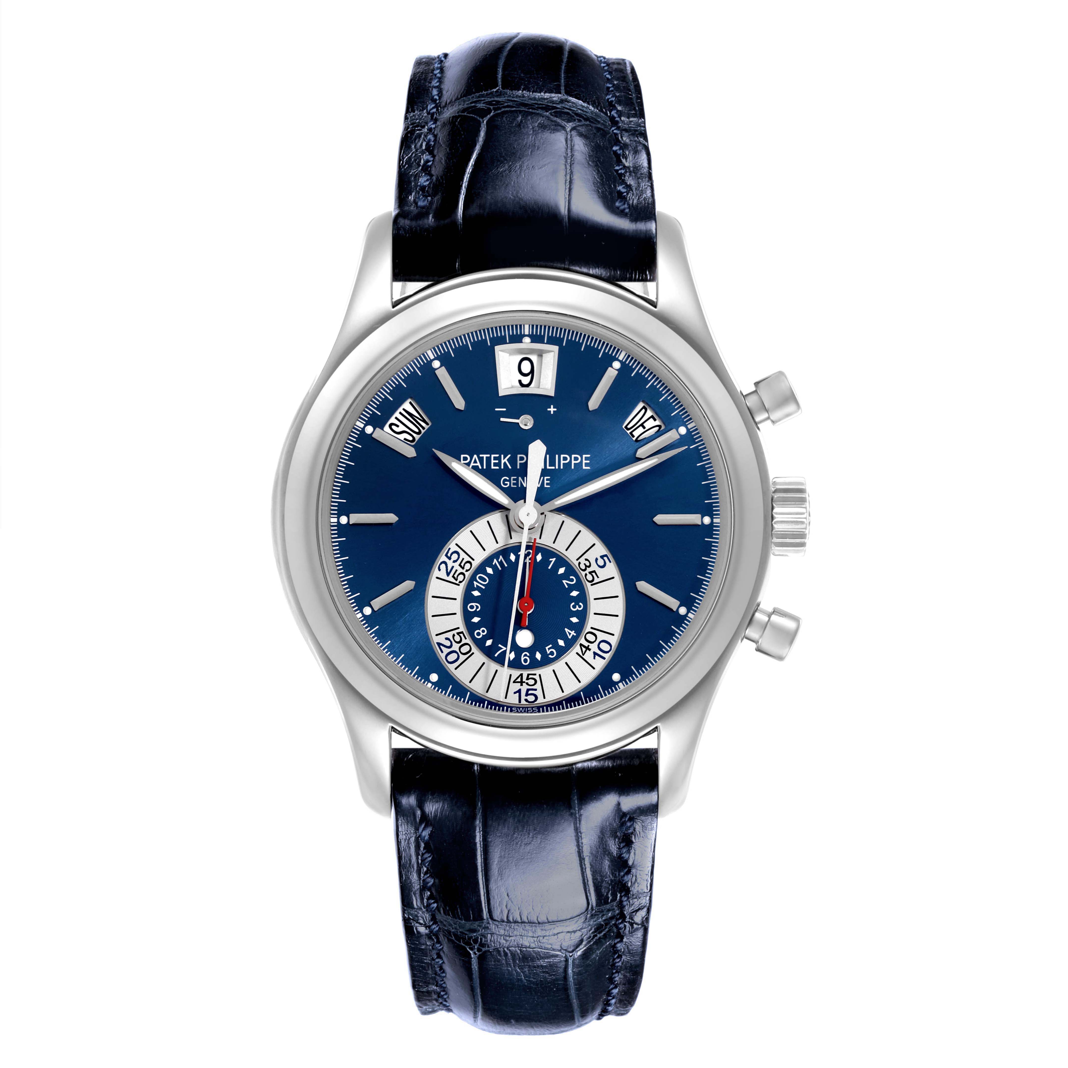 The Patek Philippe Complications 5960P-015 Men's Platinum Blue Dial watch is shown from a top-down angle, displaying the face, hands, and leather strap.