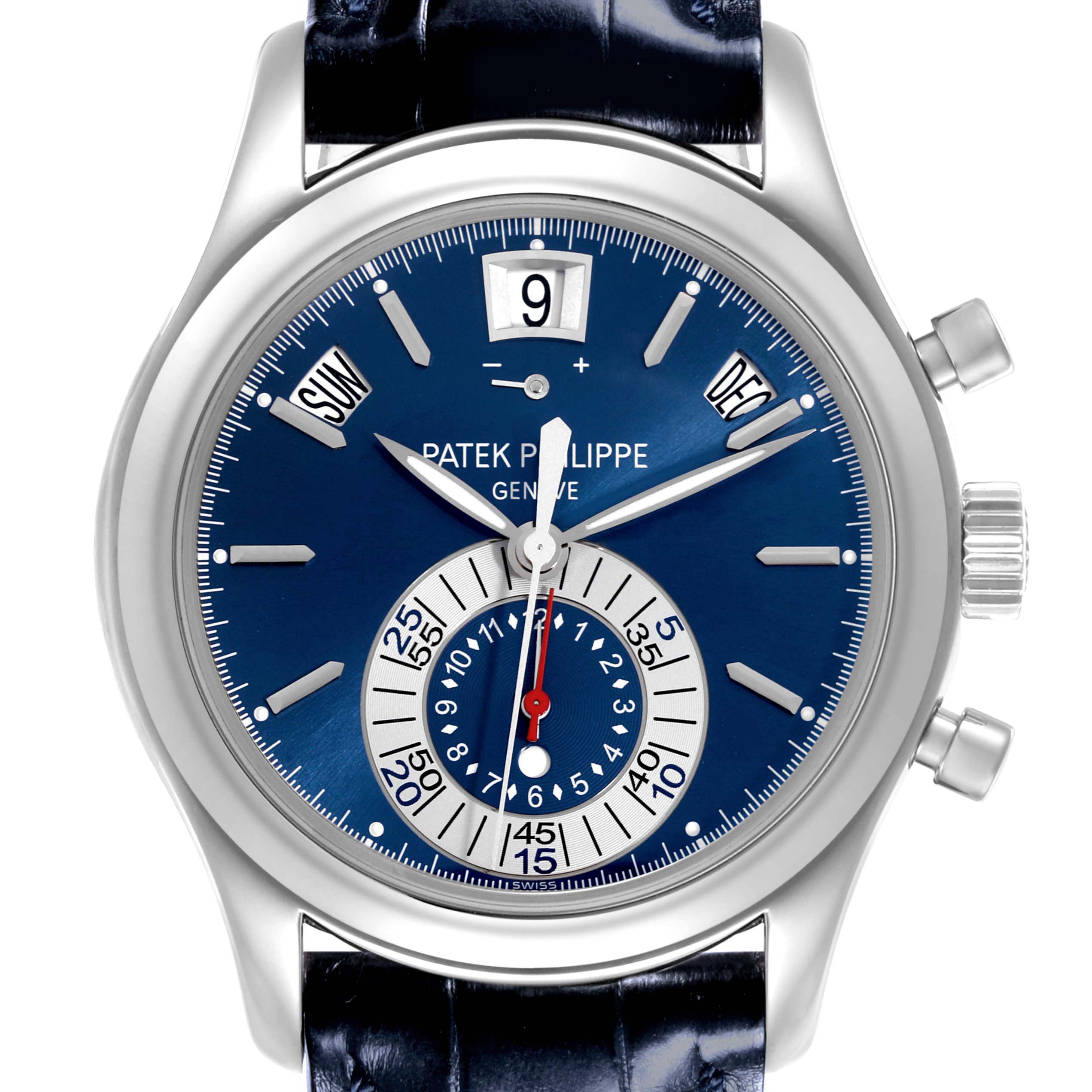 The Patek Philippe Complications 5960P-015 Men's Platinum Blue Dial watch is shown from the front, displaying its blue dial, subdials, and calendar features.