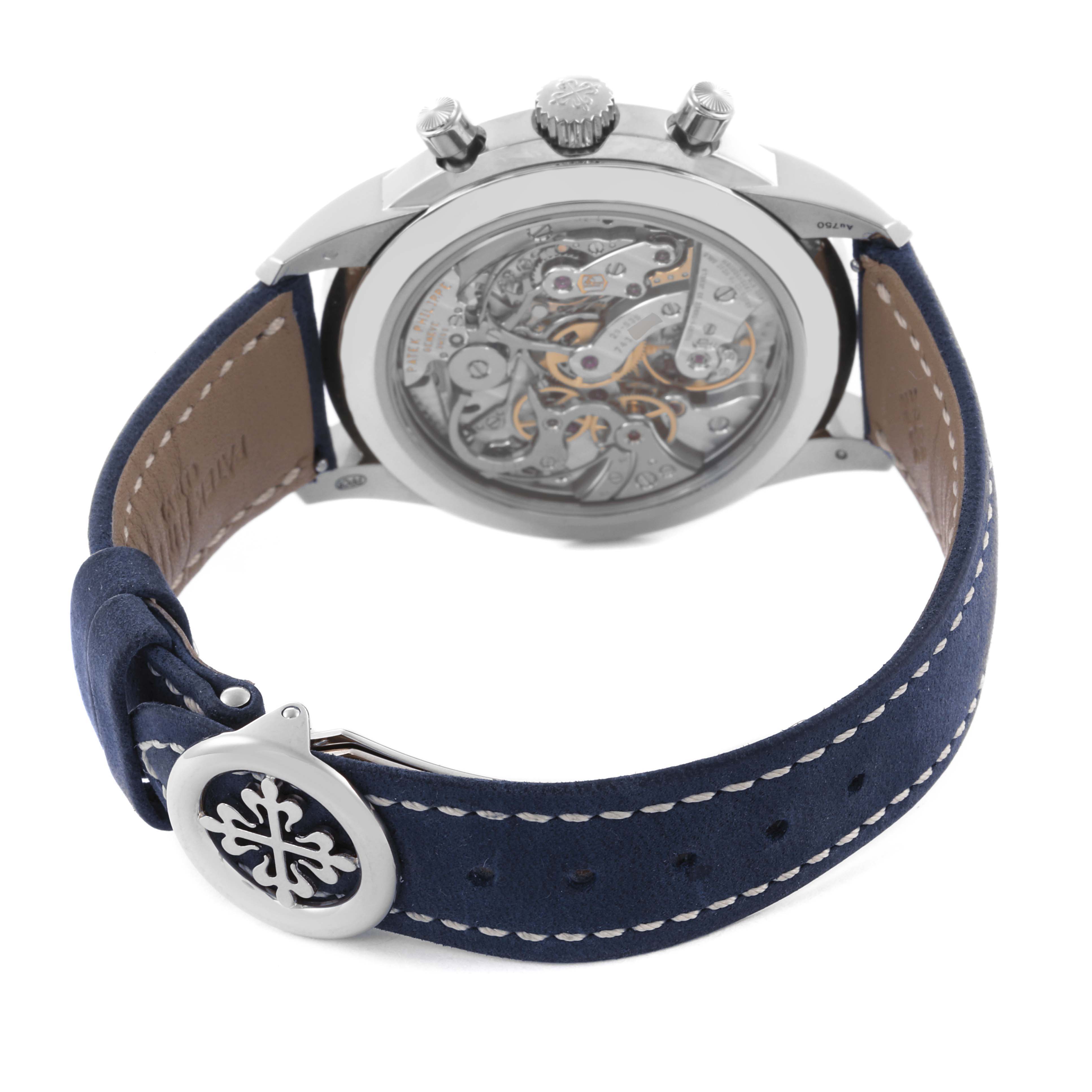 The Patek Philippe Complications 5172G-001 Men's White Gold Blue Dial 5172G-001 Men's White Gold Blue Dial watch is shown from the back, highlighting the caseback and strap in a side angle.