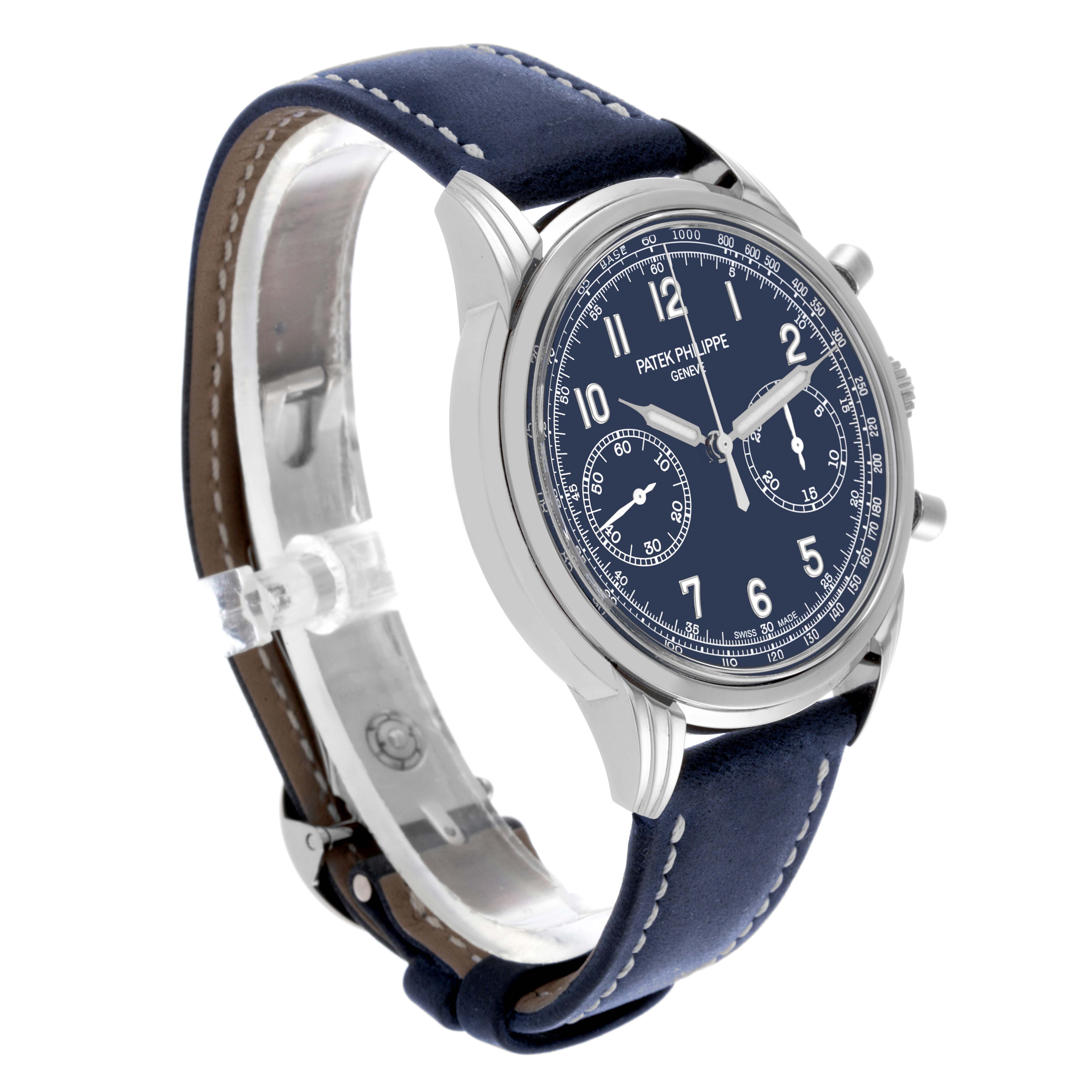 The Patek Philippe Complications 5172G-001 Men's White Gold Blue Dial 5172G-001 Men's White Gold Blue Dial watch is shown at a three-quarter angle, highlighting the face and leather strap.