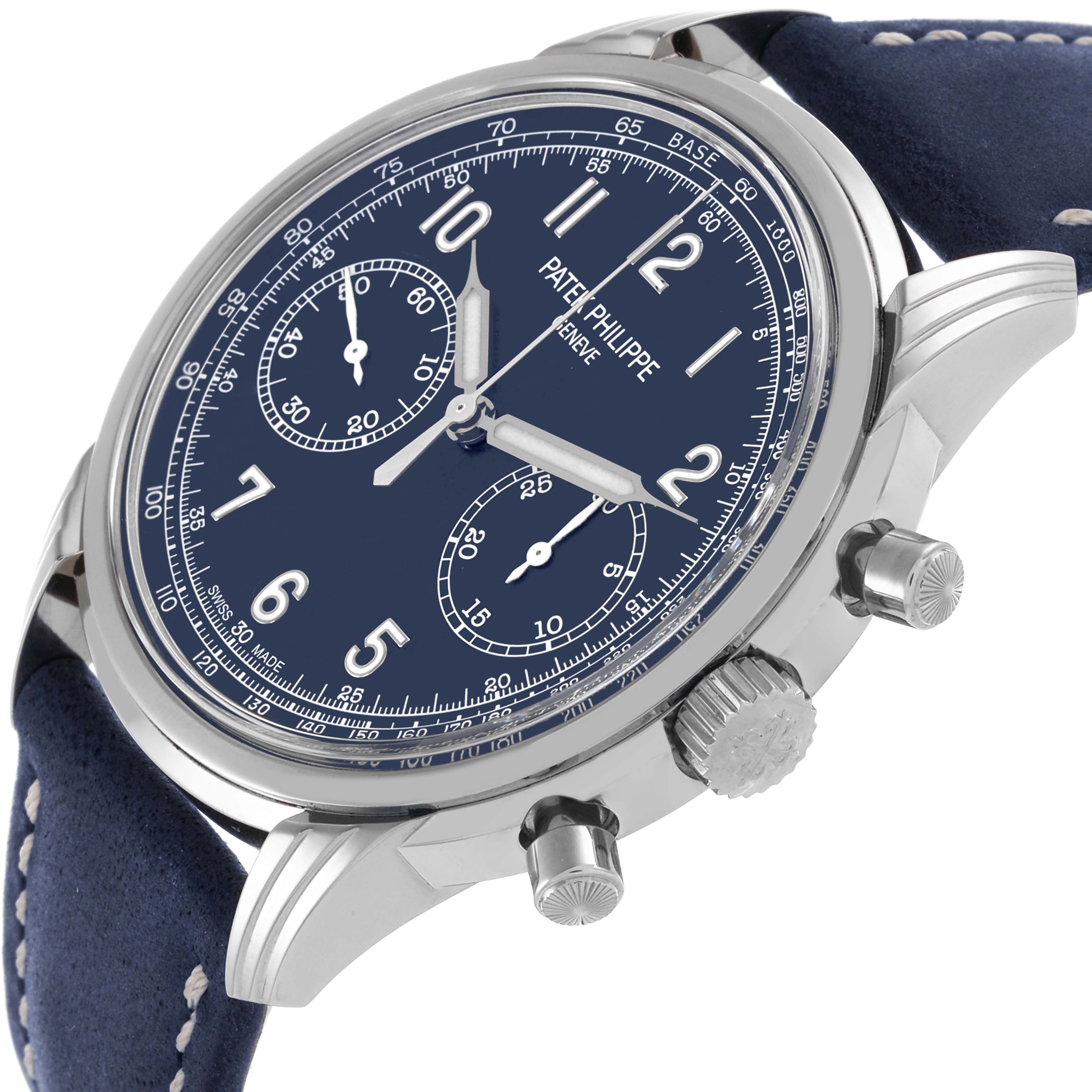 The image shows a side view of the Patek Philippe Complications 5172G-001 Men's White Gold Blue Dial 5172G-001 Men's White Gold Blue Dial model, highlighting its dial, case, crown, and pushers.