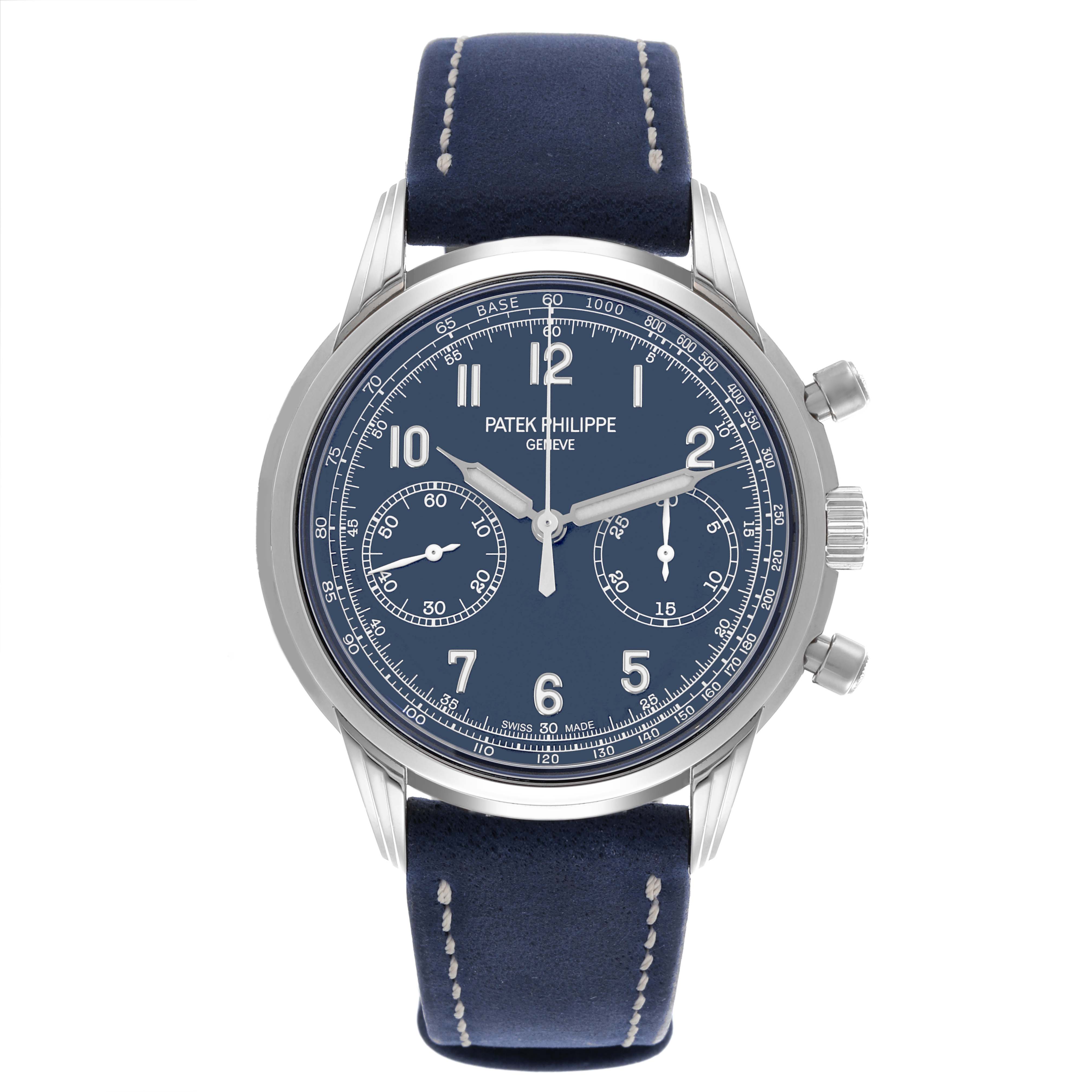 The Patek Philippe Complications 5172G-001 Men's White Gold Blue Dial 5172G-001 Men's White Gold Blue Dial watch is shown from a front angle, displaying the dial, crown, pushers, and full strap.