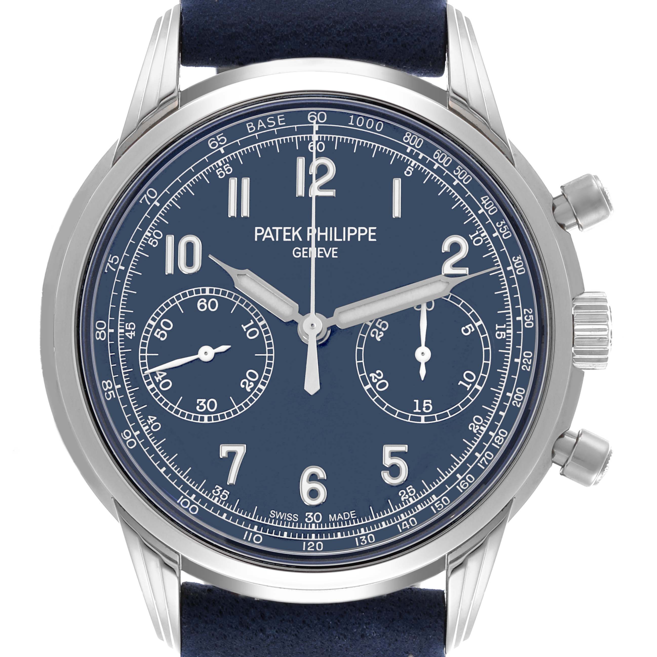 The Patek Philippe Complications 5172G-001 Men's White Gold Blue Dial 5172G-001 Men's White Gold Blue Dial watch is shown from the front, highlighting the dial, hands, and chronograph subdials.