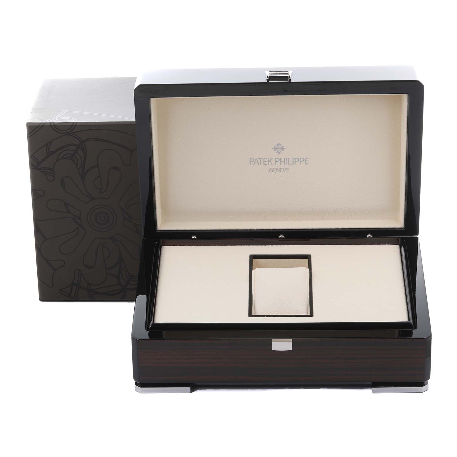 The image shows the open watch box for a Patek Philippe Complications 5172G-001 Men's White Gold Blue Dial 5172G-001 Men's White Gold Blue Dial model, displaying the interior and compartment.