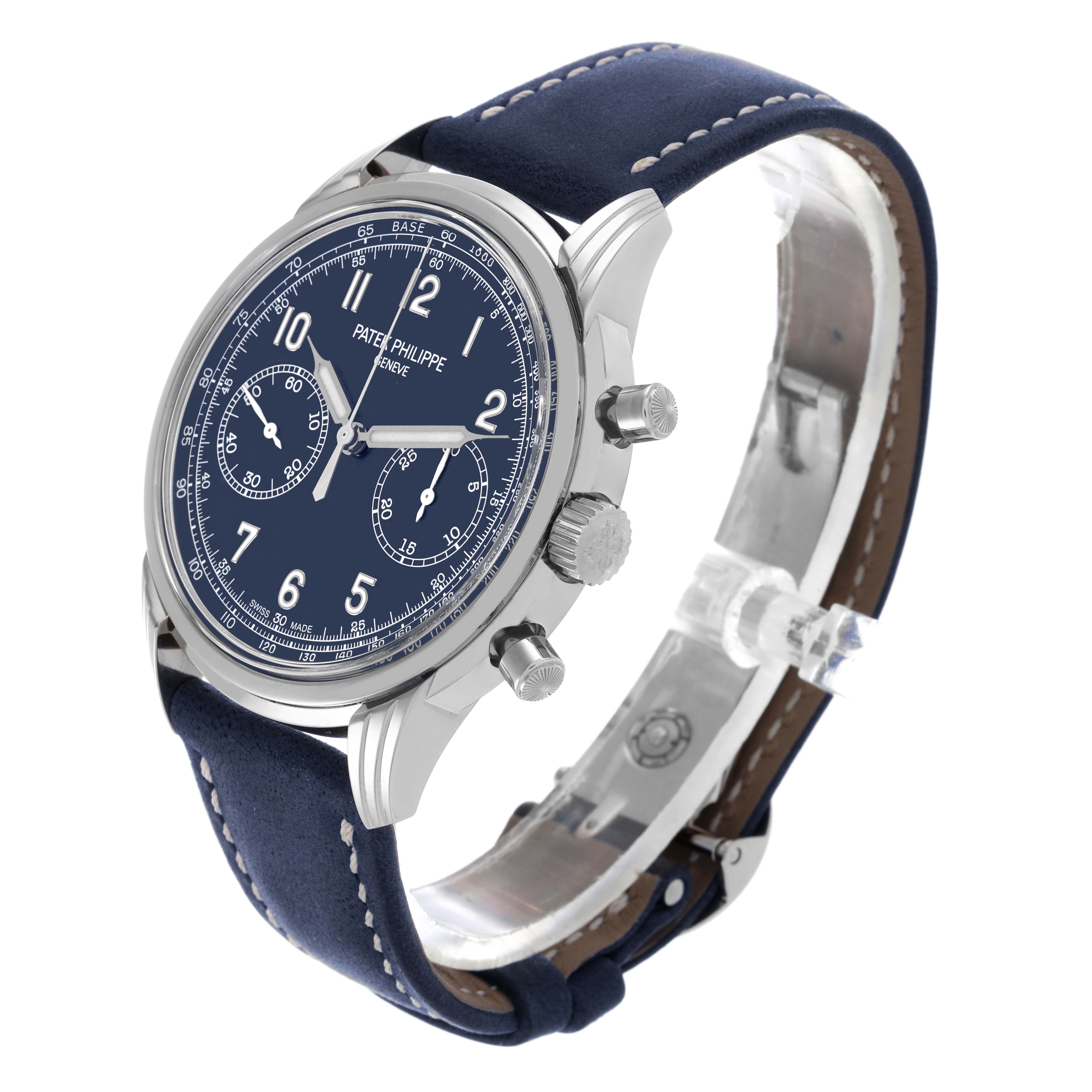 The Patek Philippe Complications 5172G-001 Men's White Gold Blue Dial 5172G-001 Men's White Gold Blue Dial watch is shown at a slight angle, displaying the face, crown, pushers, and blue leather strap.