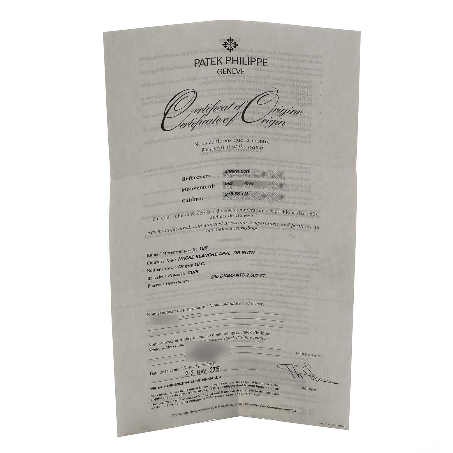 This image shows the Certificate of Origin for the Patek Philippe Complications 4968G-010 Women's White Gold Mother of Pearl Dial watch.