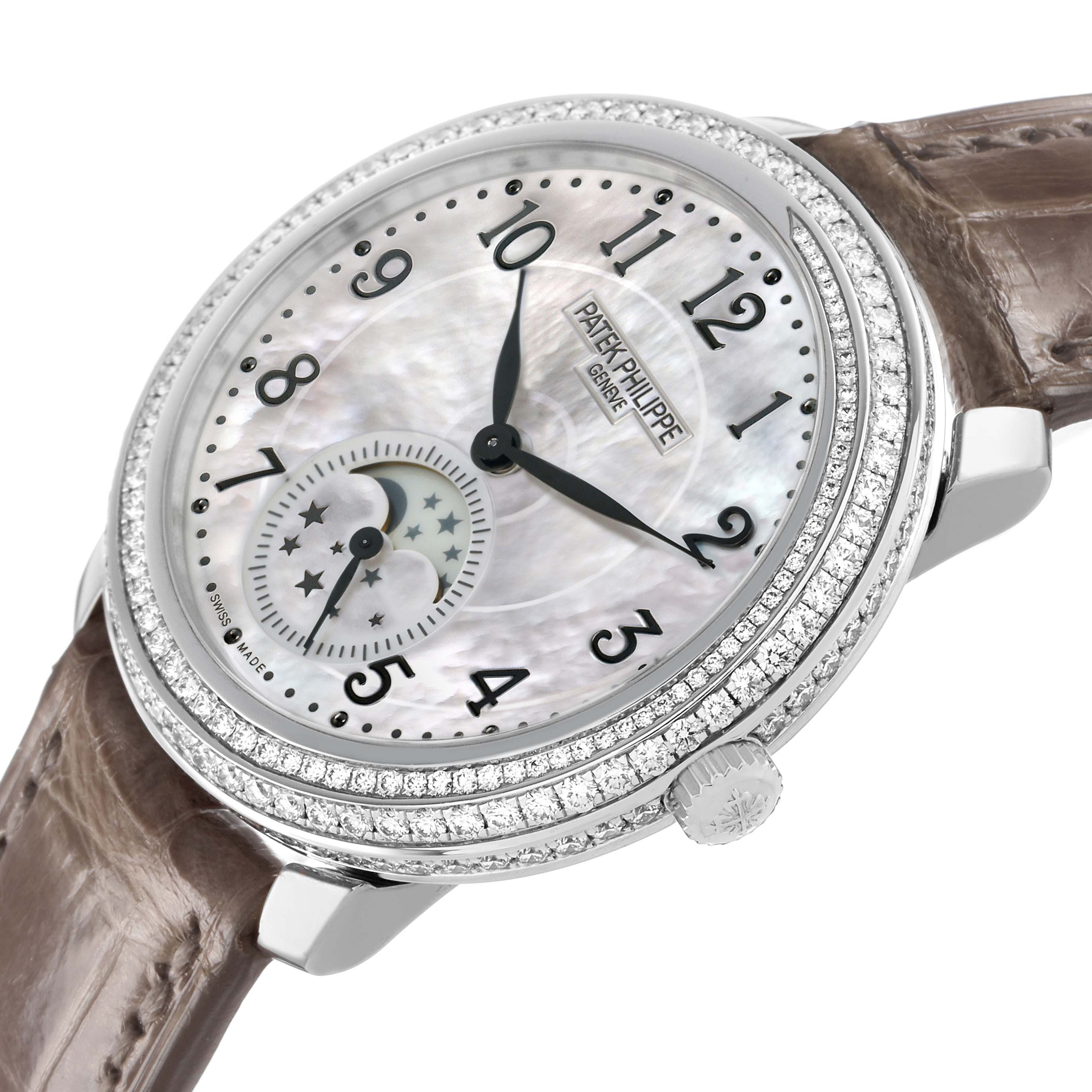 The Patek Philippe Complications 4968G-010 Women's White Gold Mother of Pearl Dial watch is shown at a slight angle, highlighting the dial, bezel, and crown.