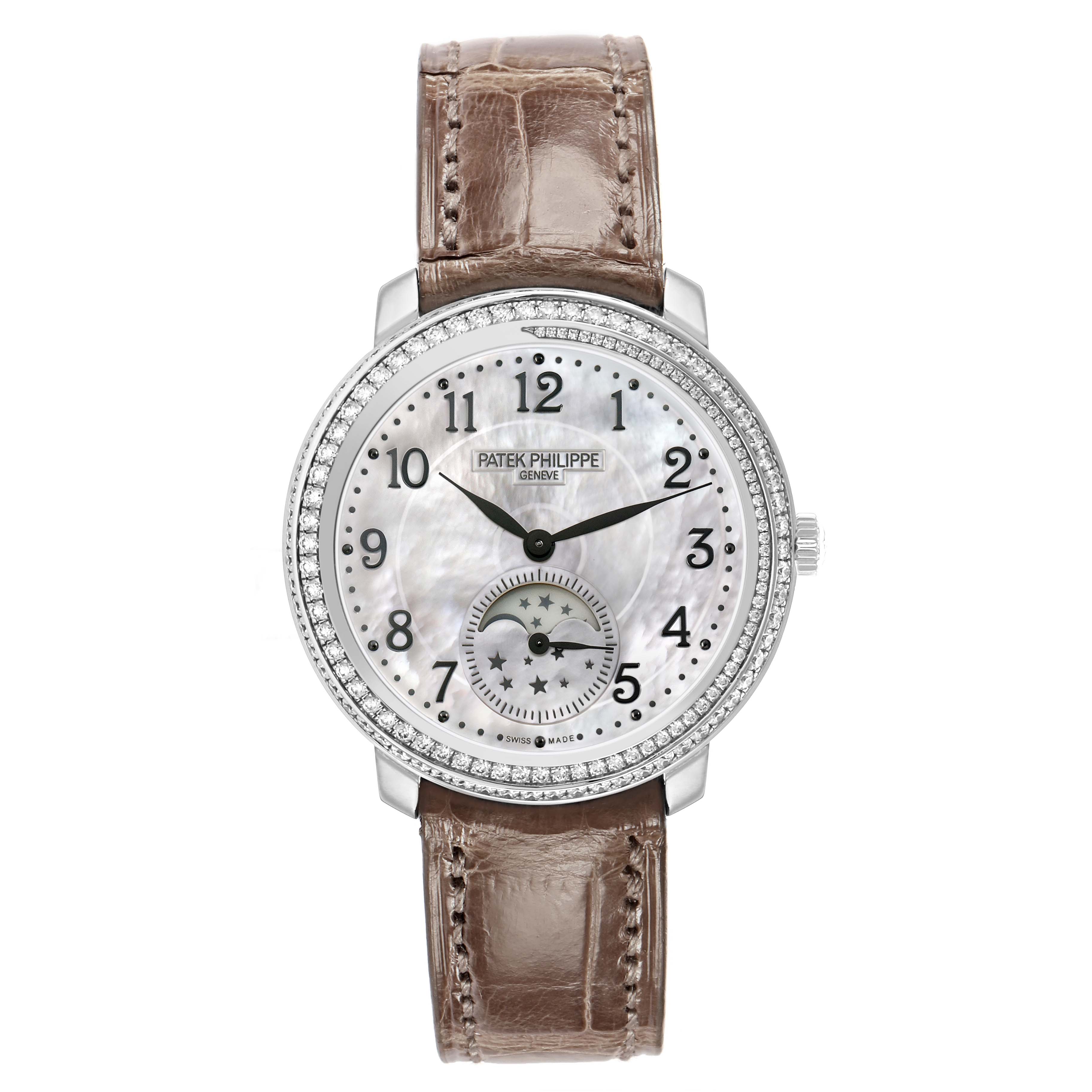 The Patek Philippe Complications 4968G-010 Women's White Gold Mother of Pearl Dial watch is shown from a front angle, displaying its dial, bezel, and leather strap.