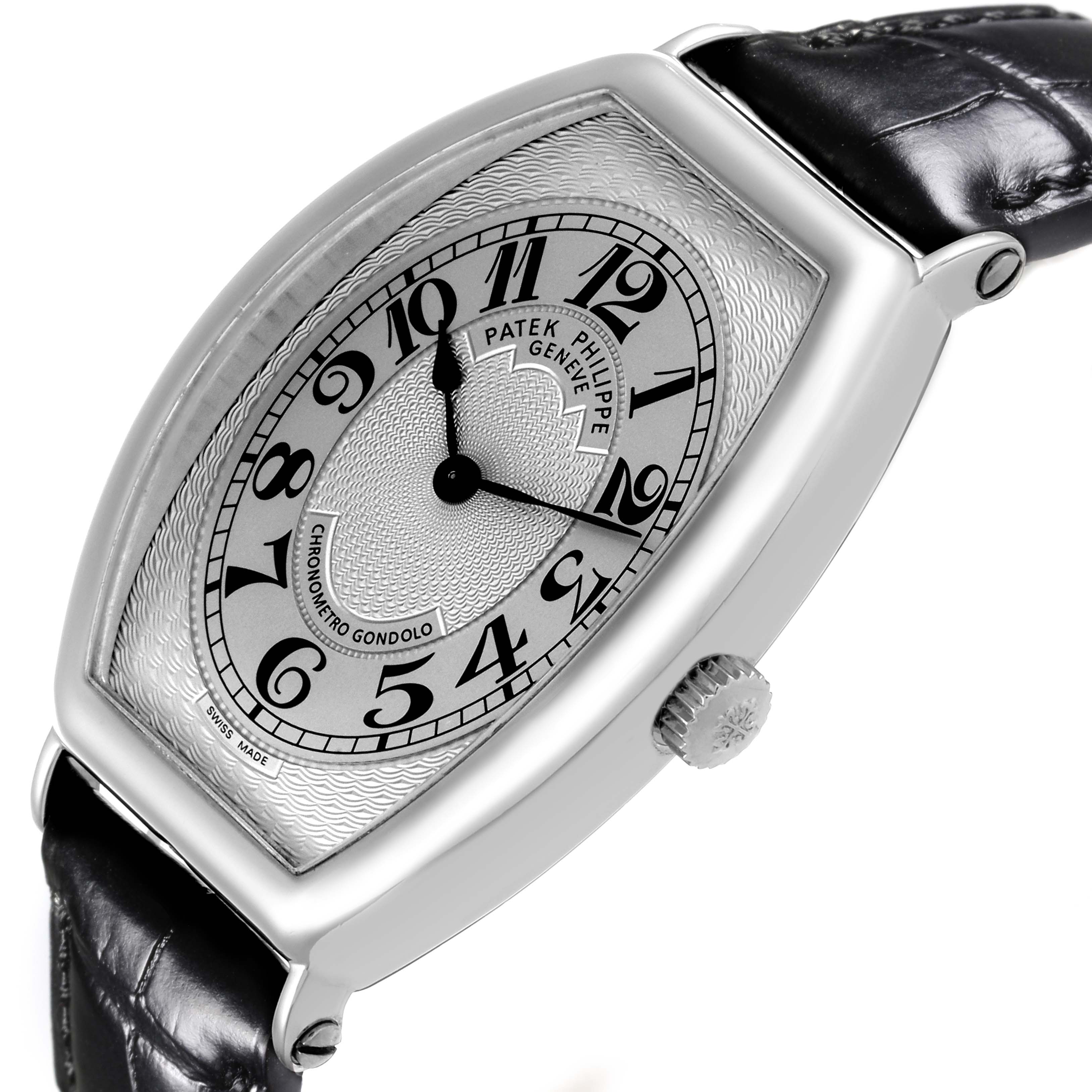 The Patek Philippe Gondolo 5098P-001 Men's Platinum Silver Dial 5098P-001 Men's Platinum Silver Dial watch is shown from a top angle, displaying its face, bezel, crown, and leather strap.
