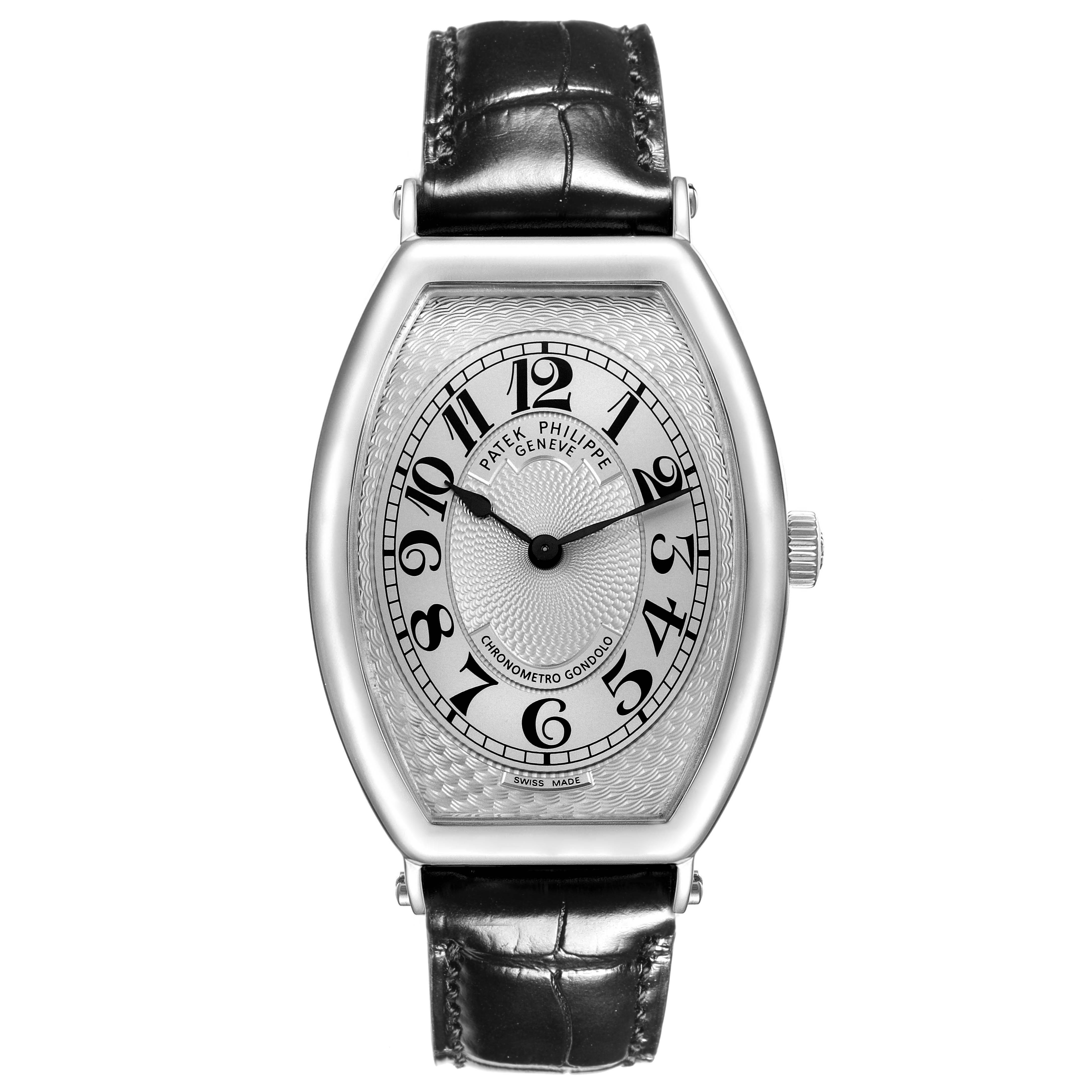 The Patek Philippe Gondolo 5098P-001 Men's Platinum Silver Dial 5098P-001 Men's Platinum Silver Dial watch is shown from a direct front angle, highlighting the dial and leather strap.