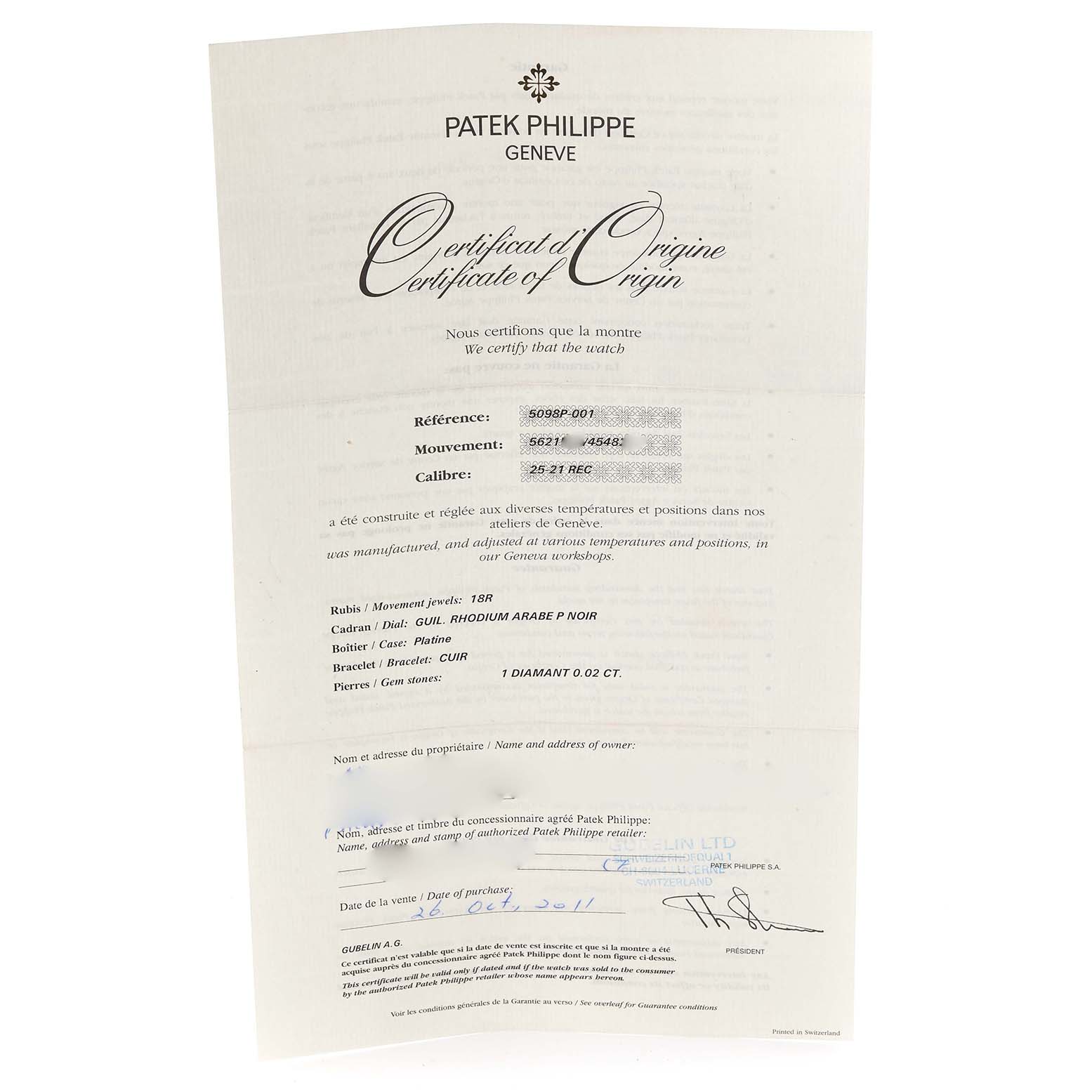 The image shows a Patek Philippe Gondolo 5098P-001 Men's Platinum Silver Dial 5098P-001 Men's Platinum Silver Dial certificate of origin document.