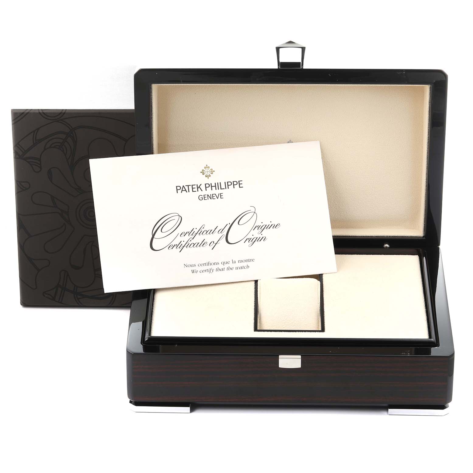The image shows an open Patek Philippe Gondolo 5098P-001 Men's Platinum Silver Dial 5098P-001 Men's Platinum Silver Dial watch box with a Certificate of Origin inside.